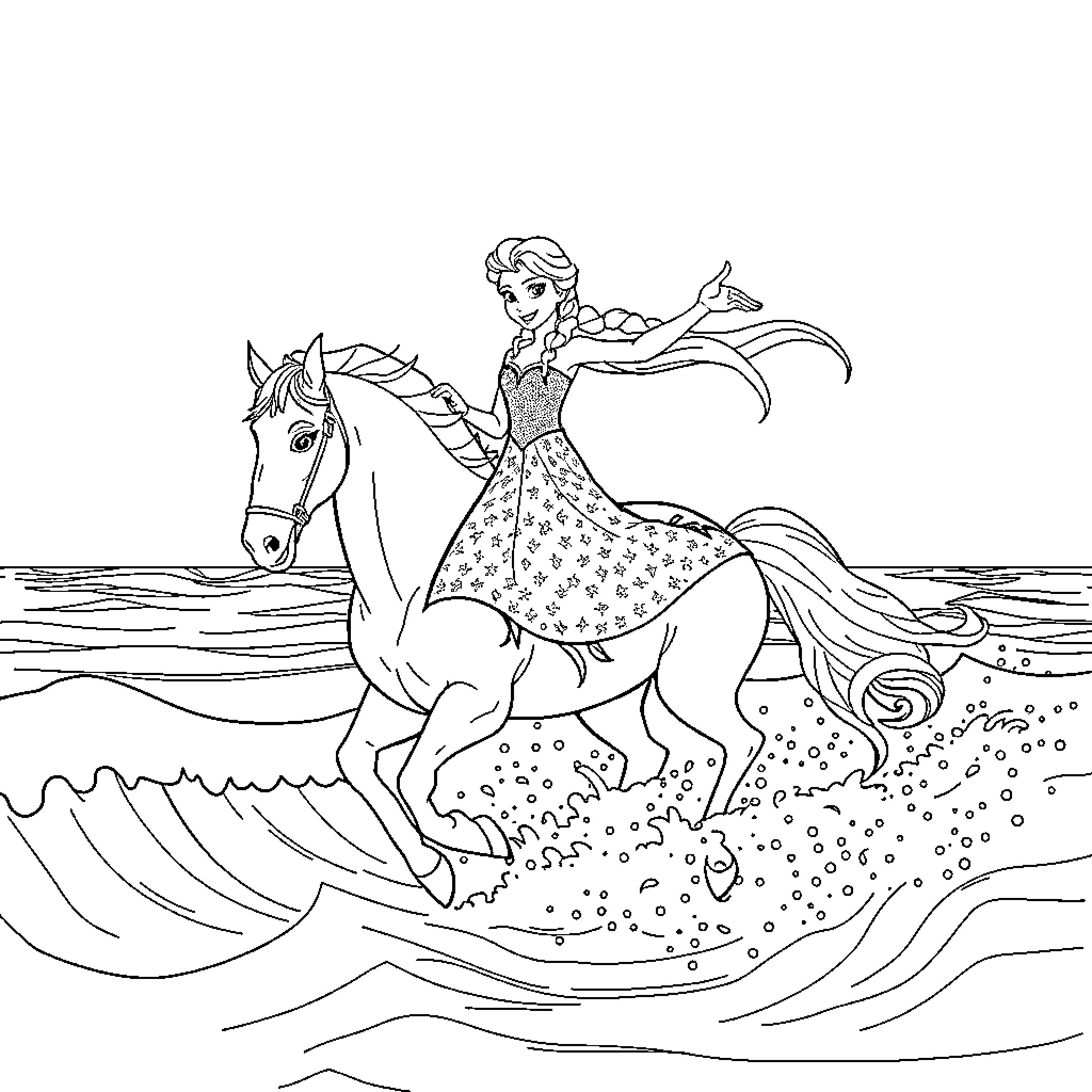 Elsa riding a horse through the waves Coloring Page (free black-and-white line drawing printable PDF for all, from beginners to advanced learners, including children, teens, adults, and seniors)