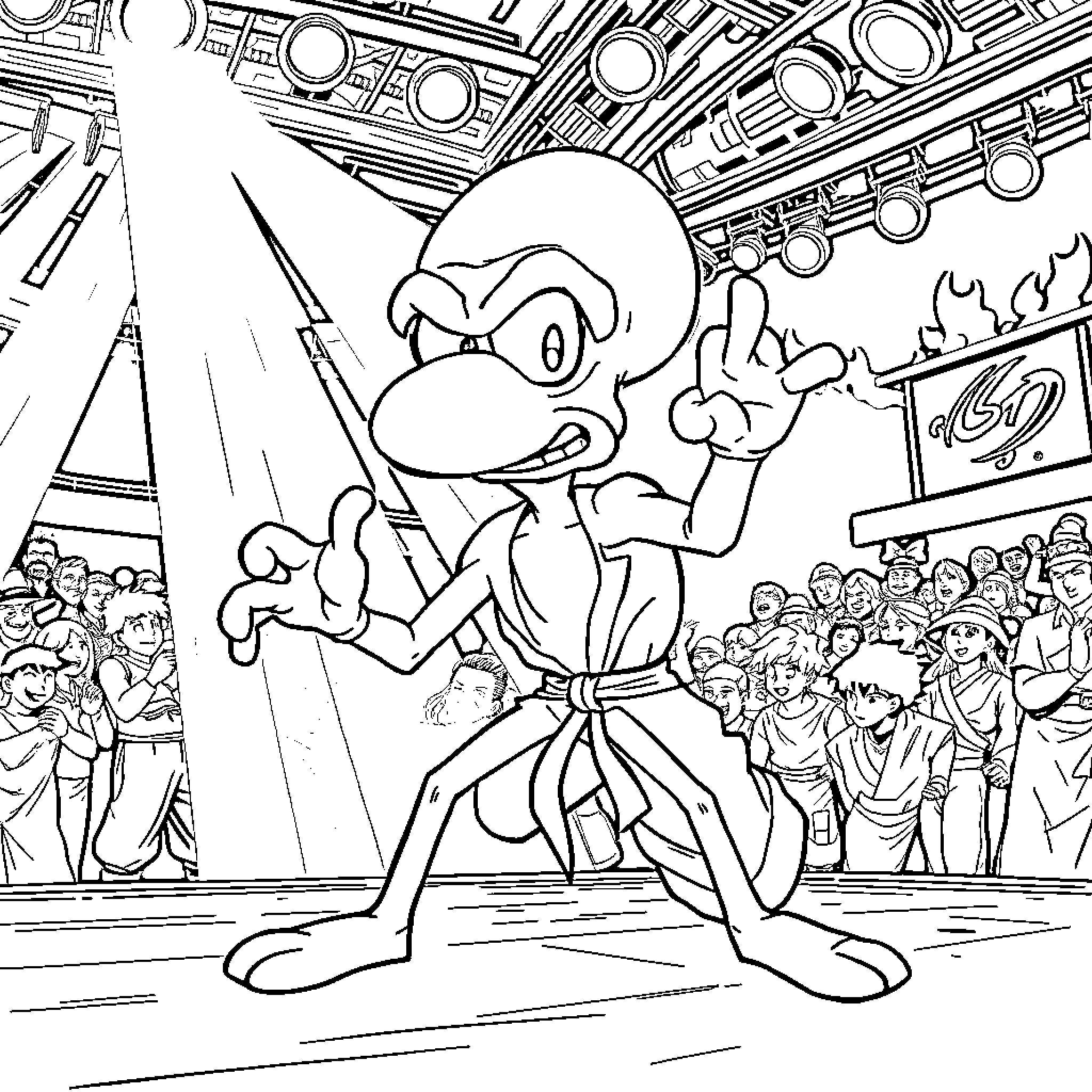 Squidward's Theatrical Performance on Stage Coloring Page (free black-and-white line drawing printable PDF for all, from beginners to advanced learners, including children, teens, adults, and seniors)