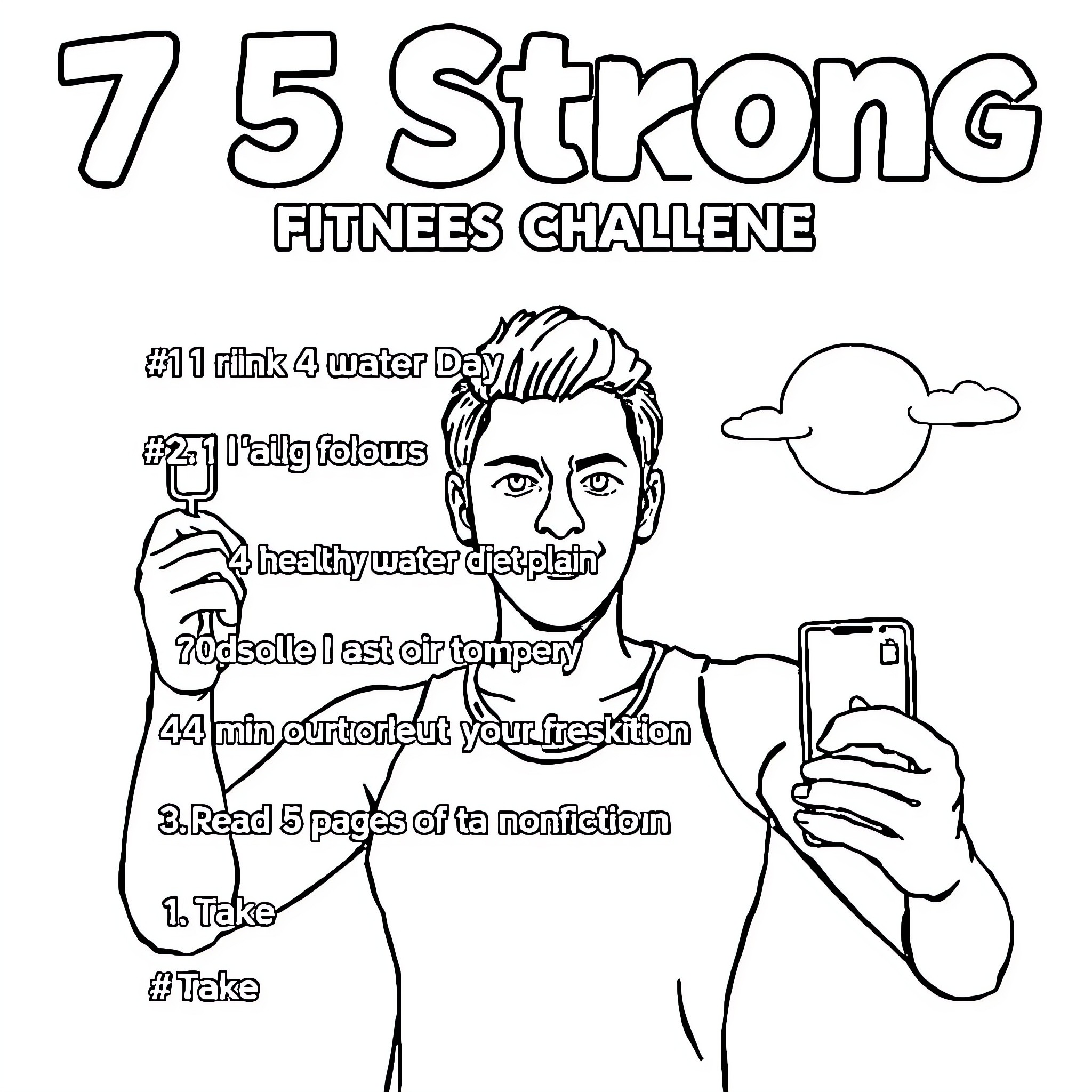Fitness Challenge with Motivational Tips Coloring Page (free black-and-white line drawing printable PDF for all, from beginners to advanced learners, including children, teens, adults, and seniors)