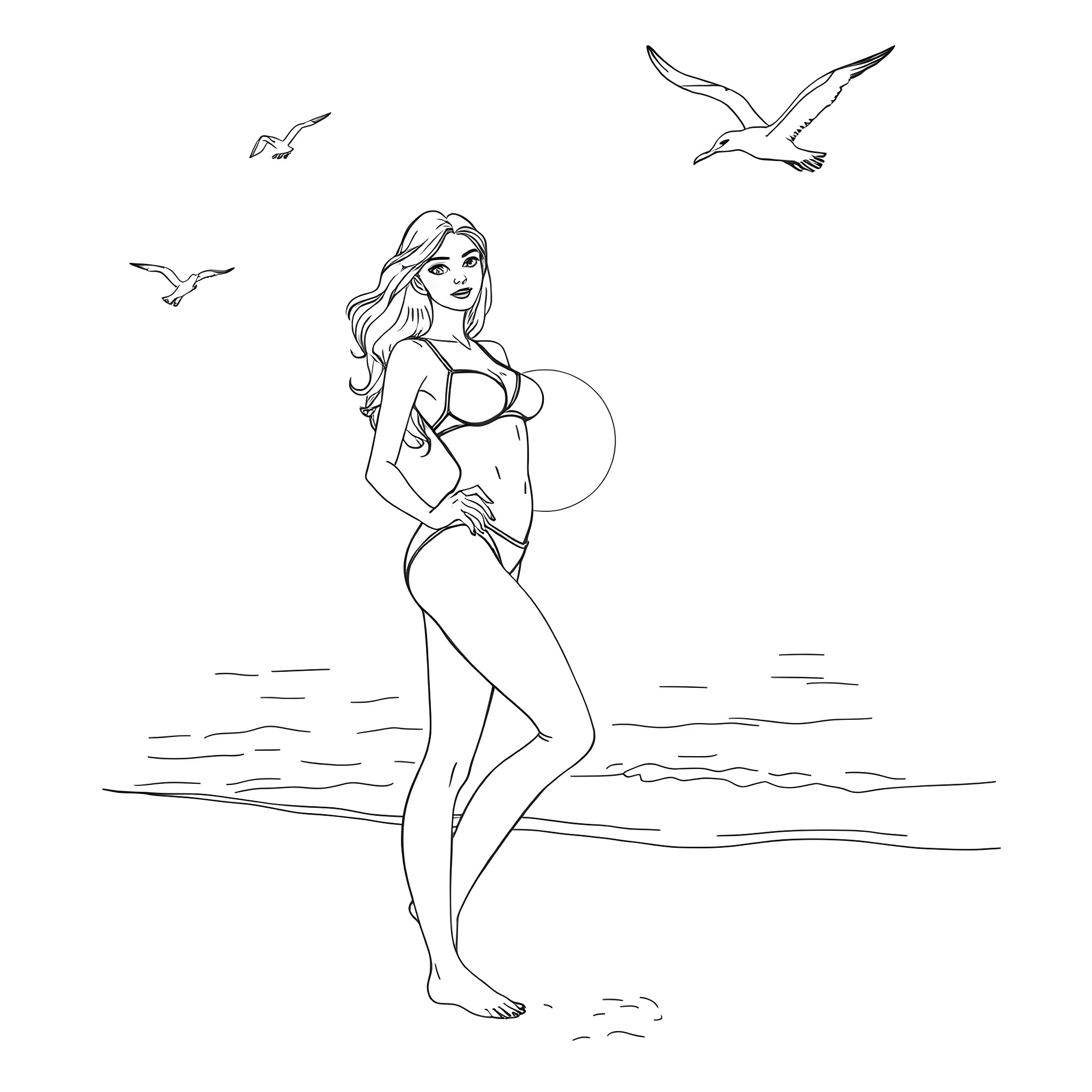 Woman in swimsuit standing on beach with seagulls Coloring Page (free black-and-white line drawing printable PDF for all, from beginners to advanced learners, including children, teens, adults, and seniors)