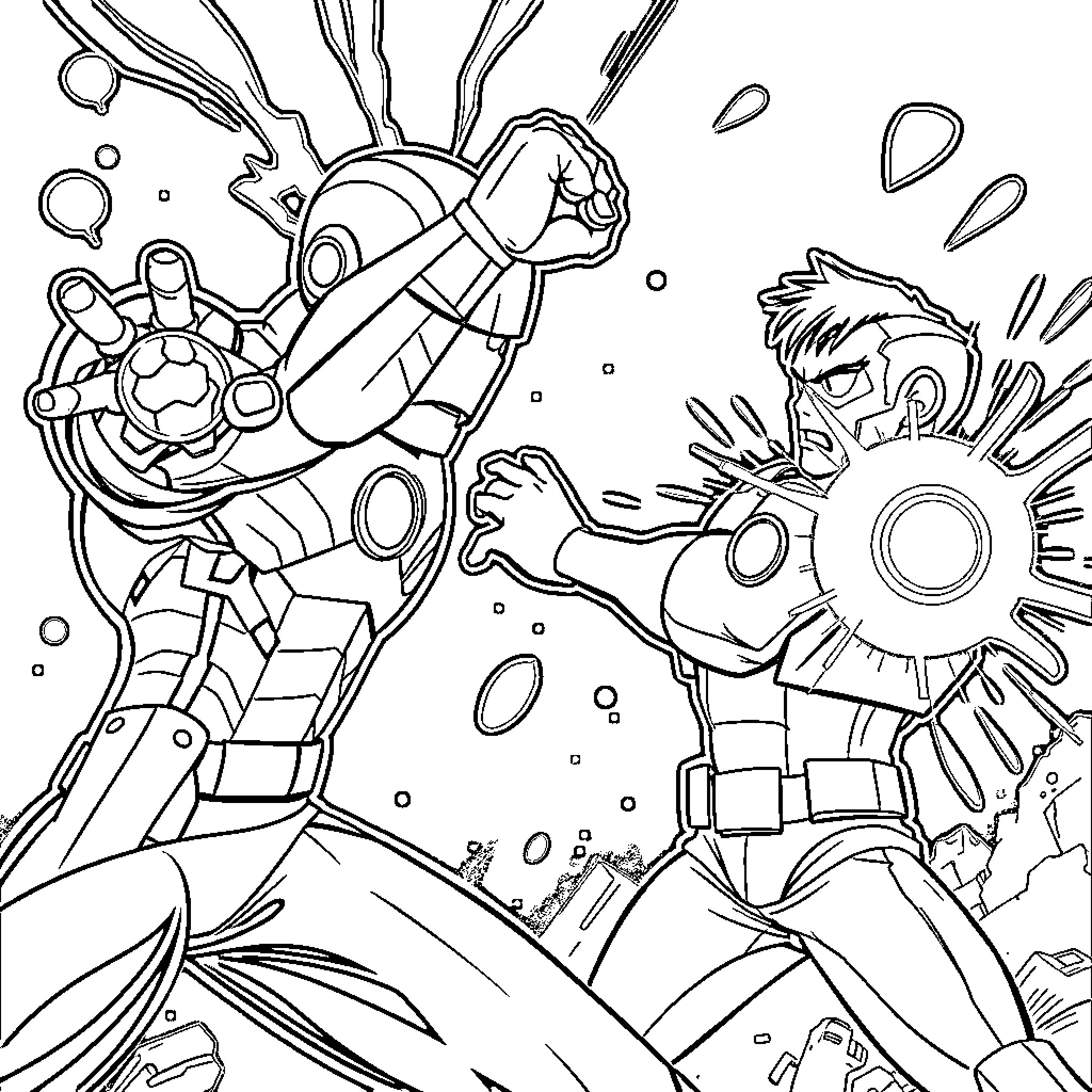 Ben 10 in heroic action against adversaries Coloring Page (free black-and-white line drawing printable PDF for all, from beginners to advanced learners, including children, teens, adults, and seniors)