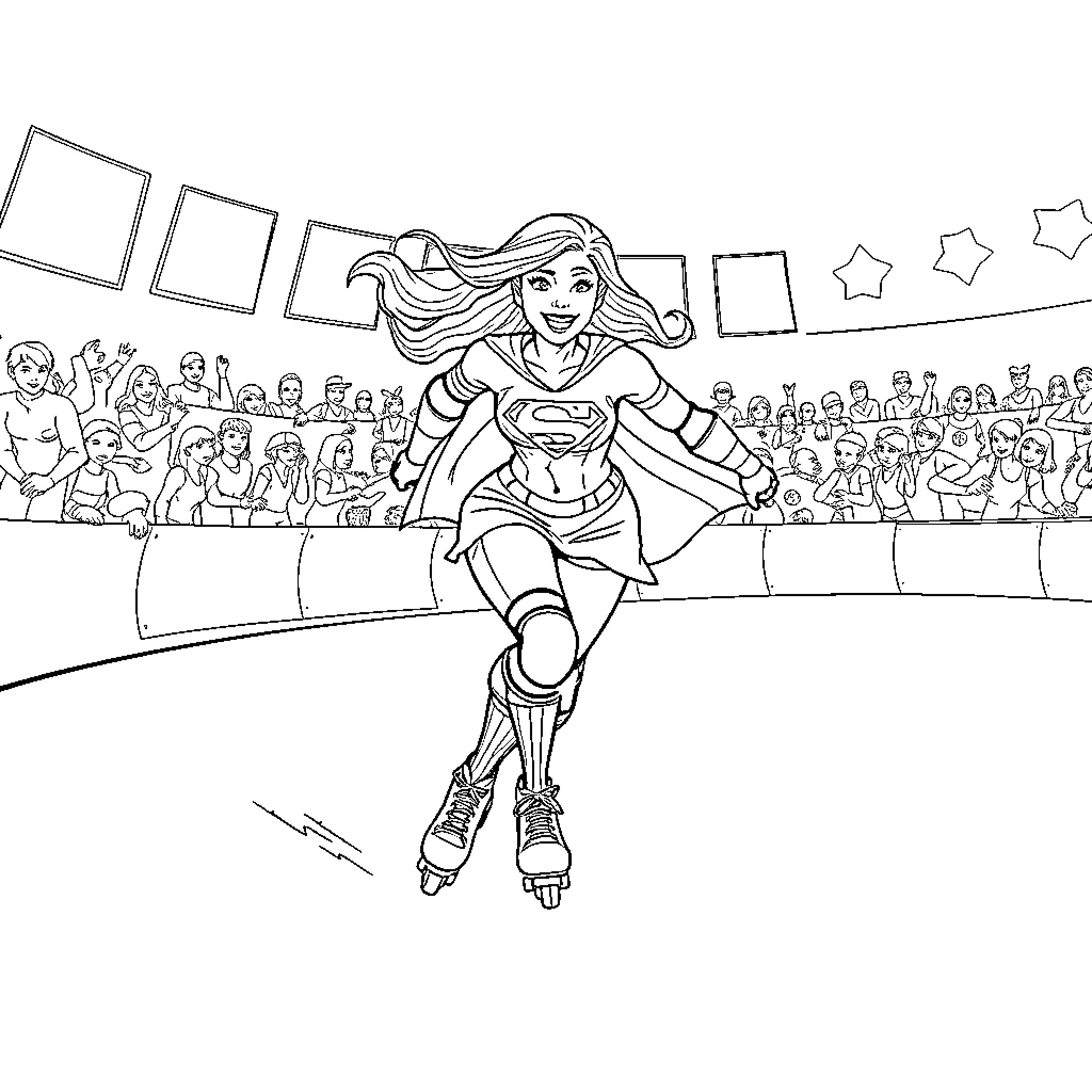 Supergirl gliding across the arena with a crowd Coloring Page (free black-and-white line drawing printable PDF for all, from beginners to advanced learners, including children, teens, adults, and seniors)