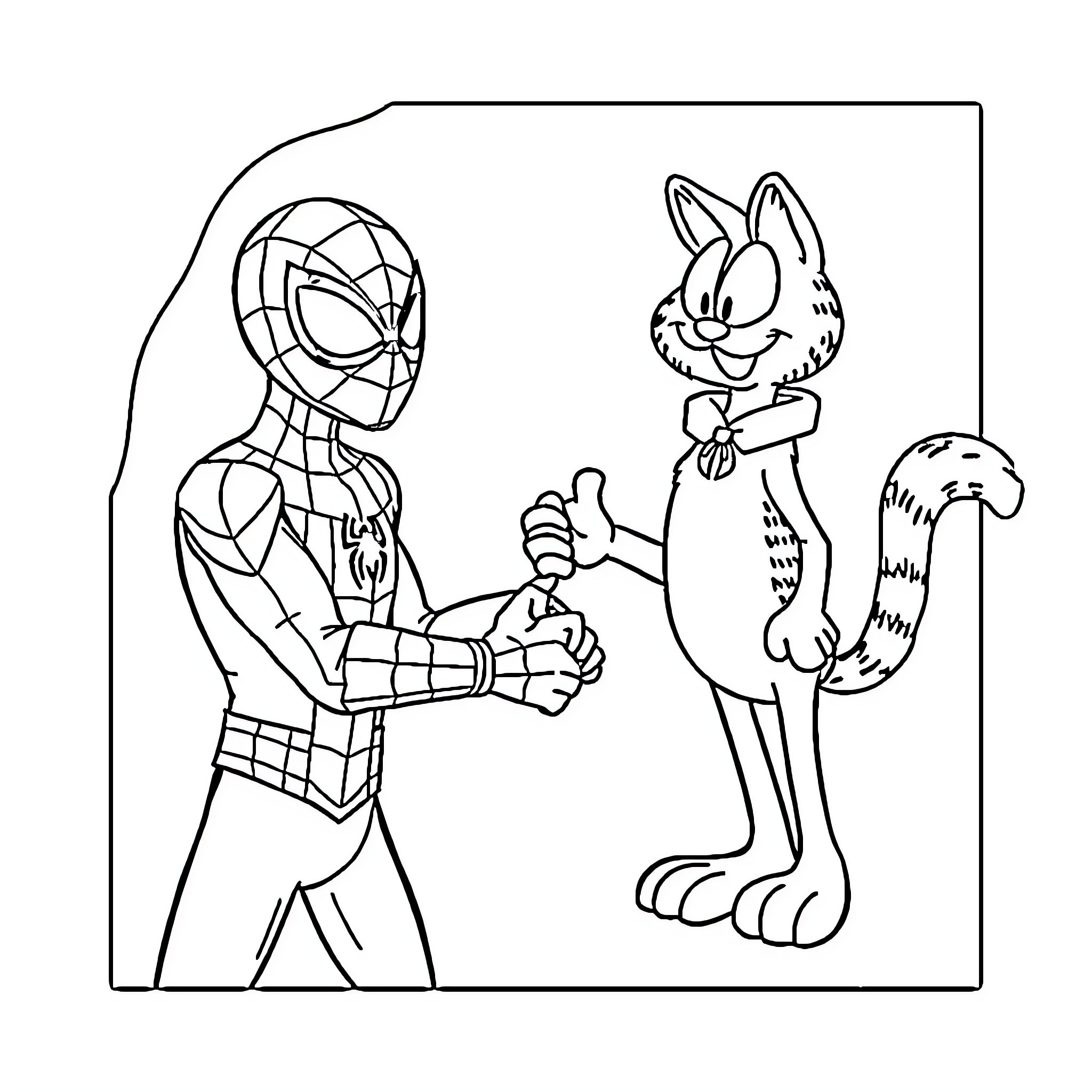 Spiderman encountering a cartoon rabbit character Coloring Page (free black-and-white line drawing printable PDF for all, from beginners to advanced learners, including children, teens, adults, and seniors)