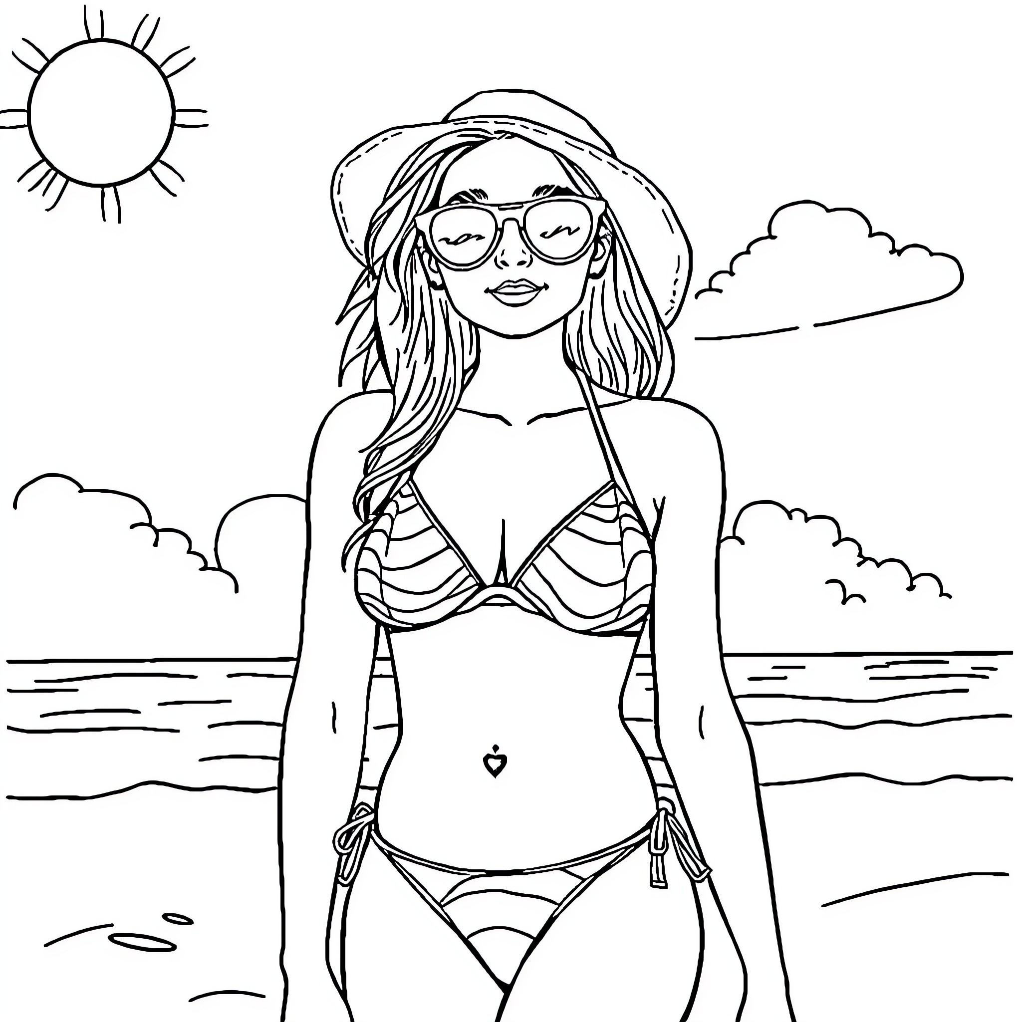 Girl enjoying a sunny day at the beach Coloring Page (free black-and-white line drawing printable PDF for all, from beginners to advanced learners, including children, teens, adults, and seniors)