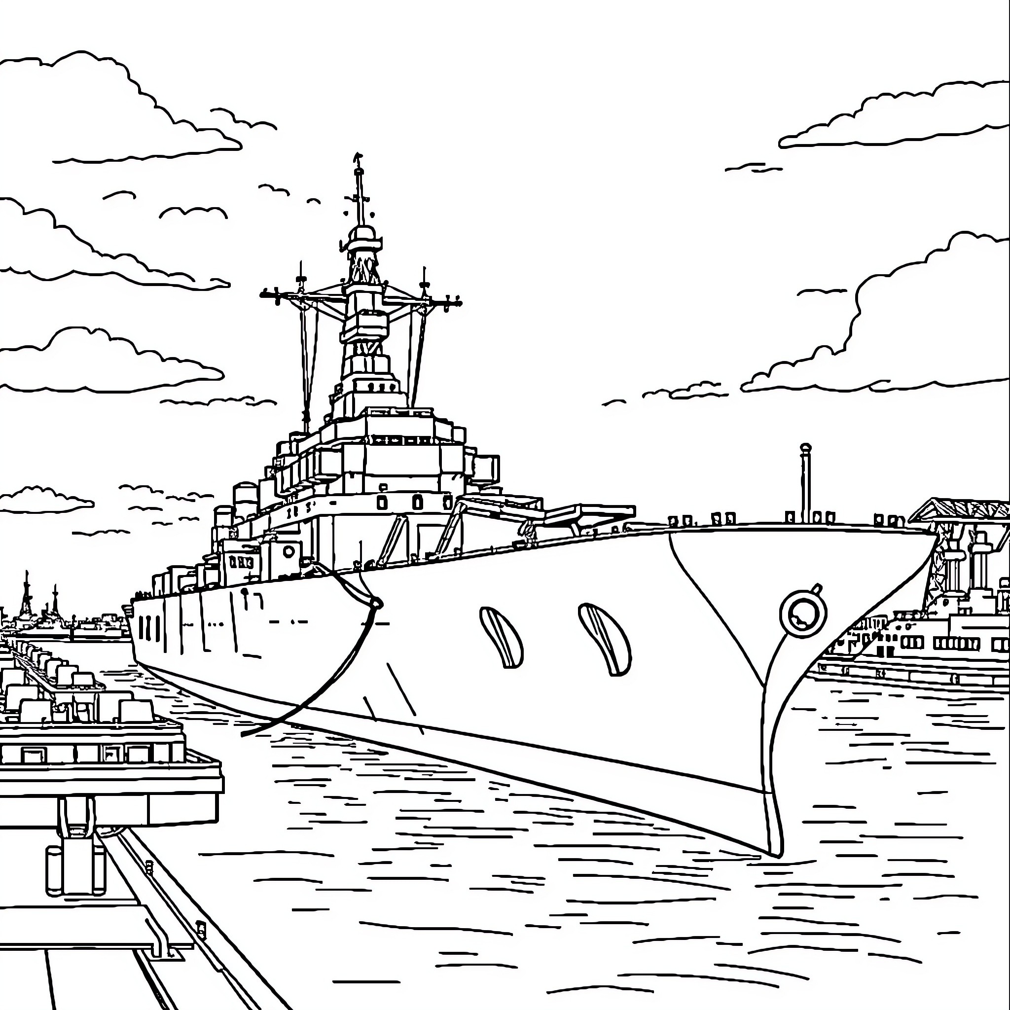 USS Missouri Battleship Docked at the Harbor Coloring Page (free black-and-white line drawing printable PDF for all, from beginners to advanced learners, including children, teens, adults, and seniors)