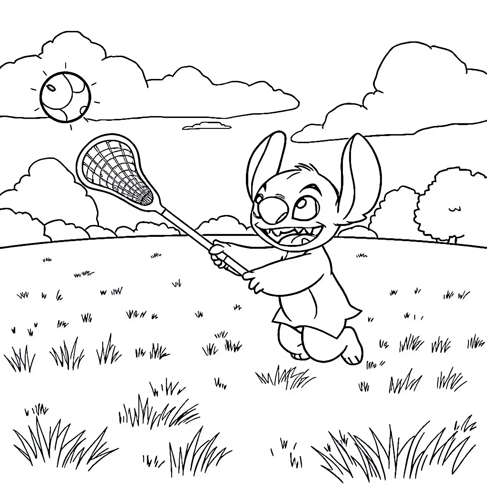 Stitch playing with a lacrosse stick in the park Coloring Page (free black-and-white line drawing printable PDF for all, from beginners to advanced learners, including children, teens, adults, and seniors)