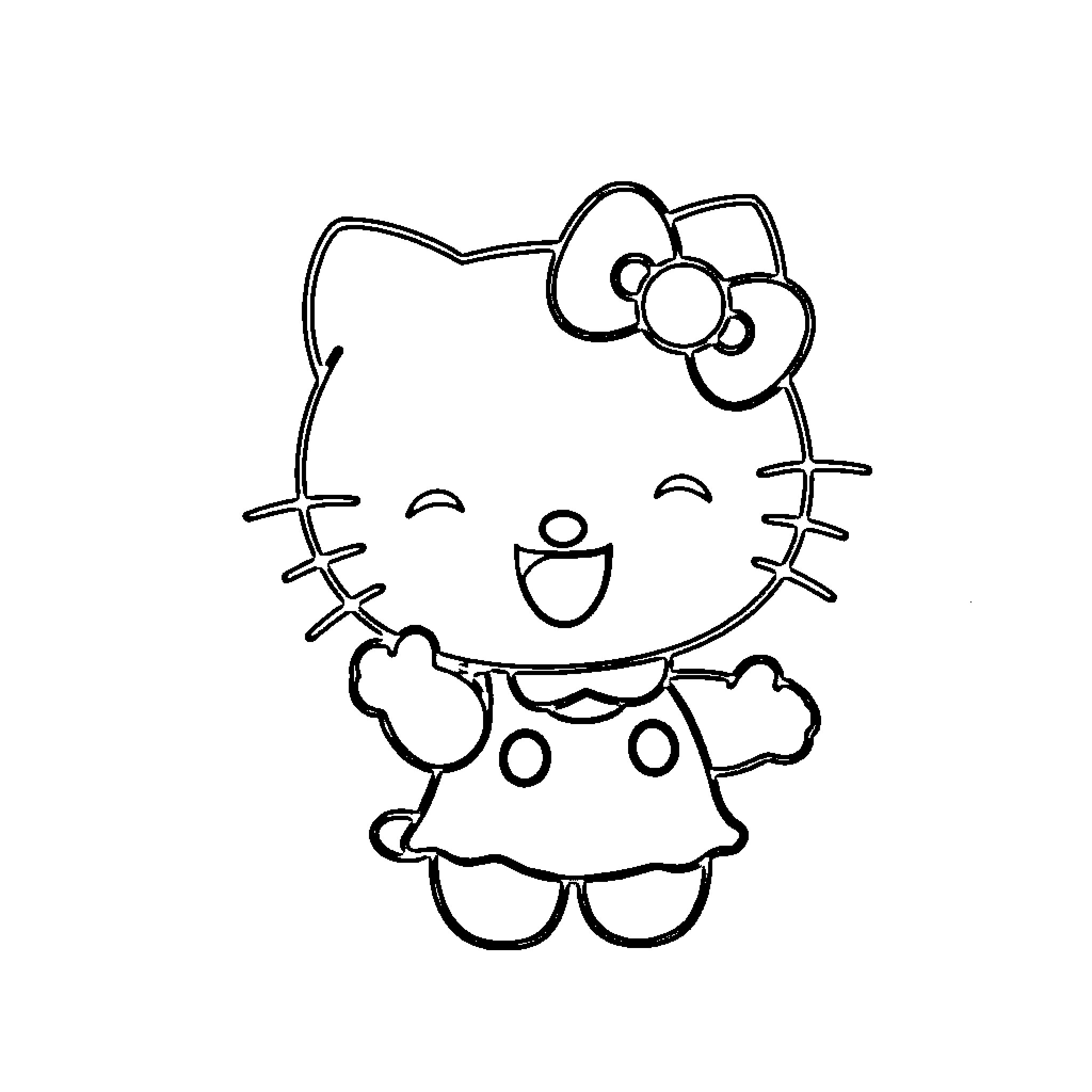 Hello Kitty in a happy and playful pose Coloring Page (free black-and-white line drawing printable PDF for all, from beginners to advanced learners, including children, teens, adults, and seniors)