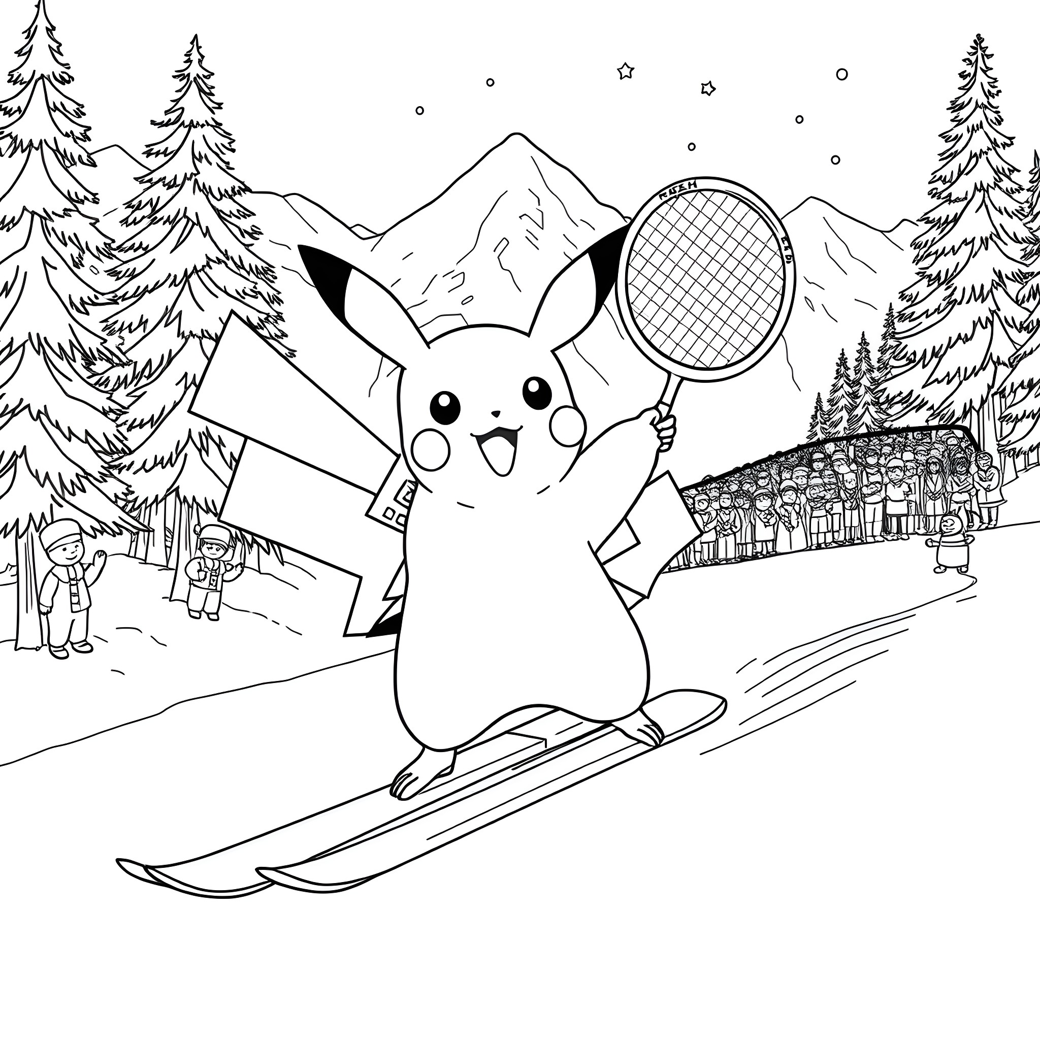 Pikachu enjoying winter sports in the mountains Coloring Page (free black-and-white line drawing printable PDF for all, from beginners to advanced learners, including children, teens, adults, and seniors)