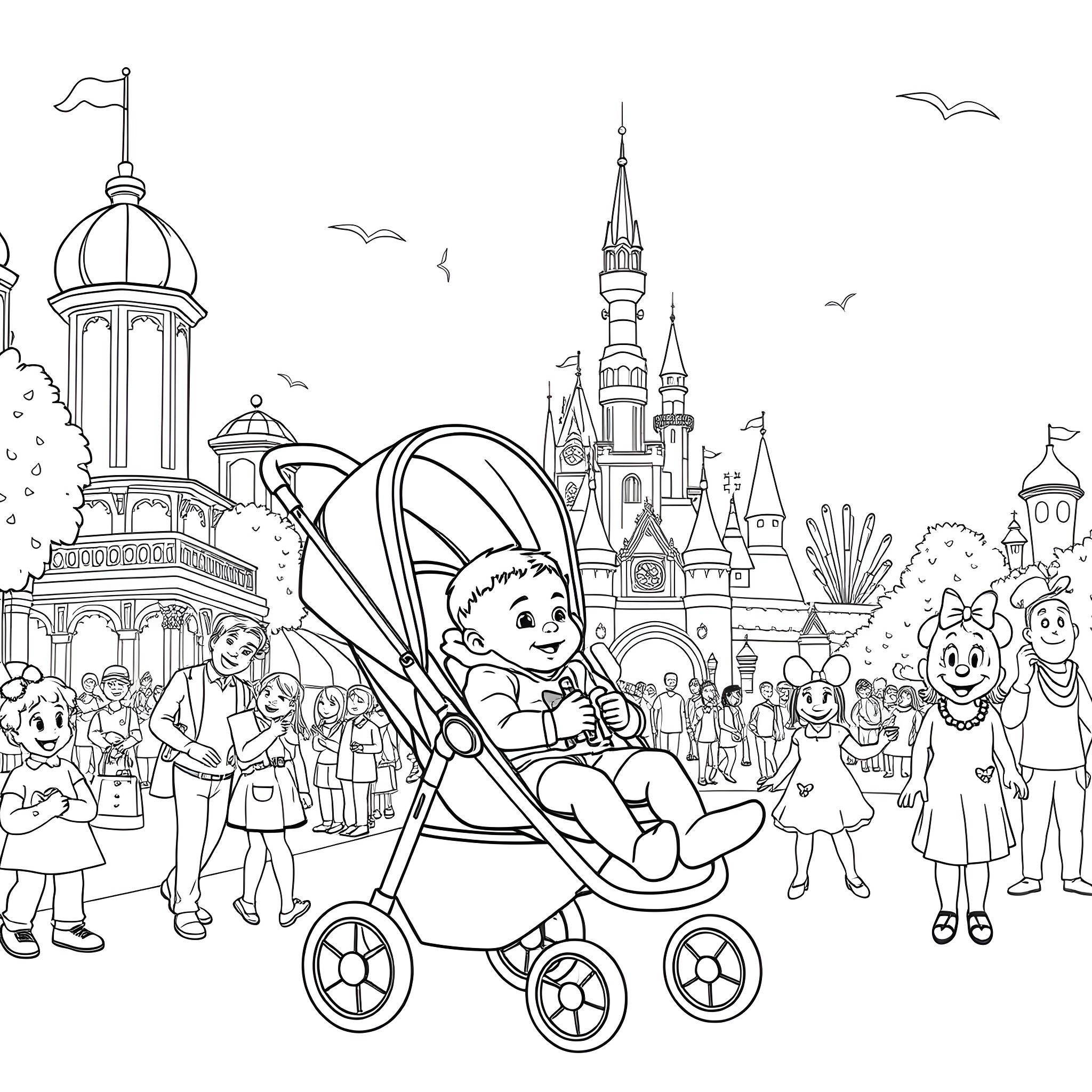 Boy with baby stroller exploring whimsical fantasy world Coloring Page (free black-and-white line drawing printable PDF for all, from beginners to advanced learners, including children, teens, adults, and seniors)