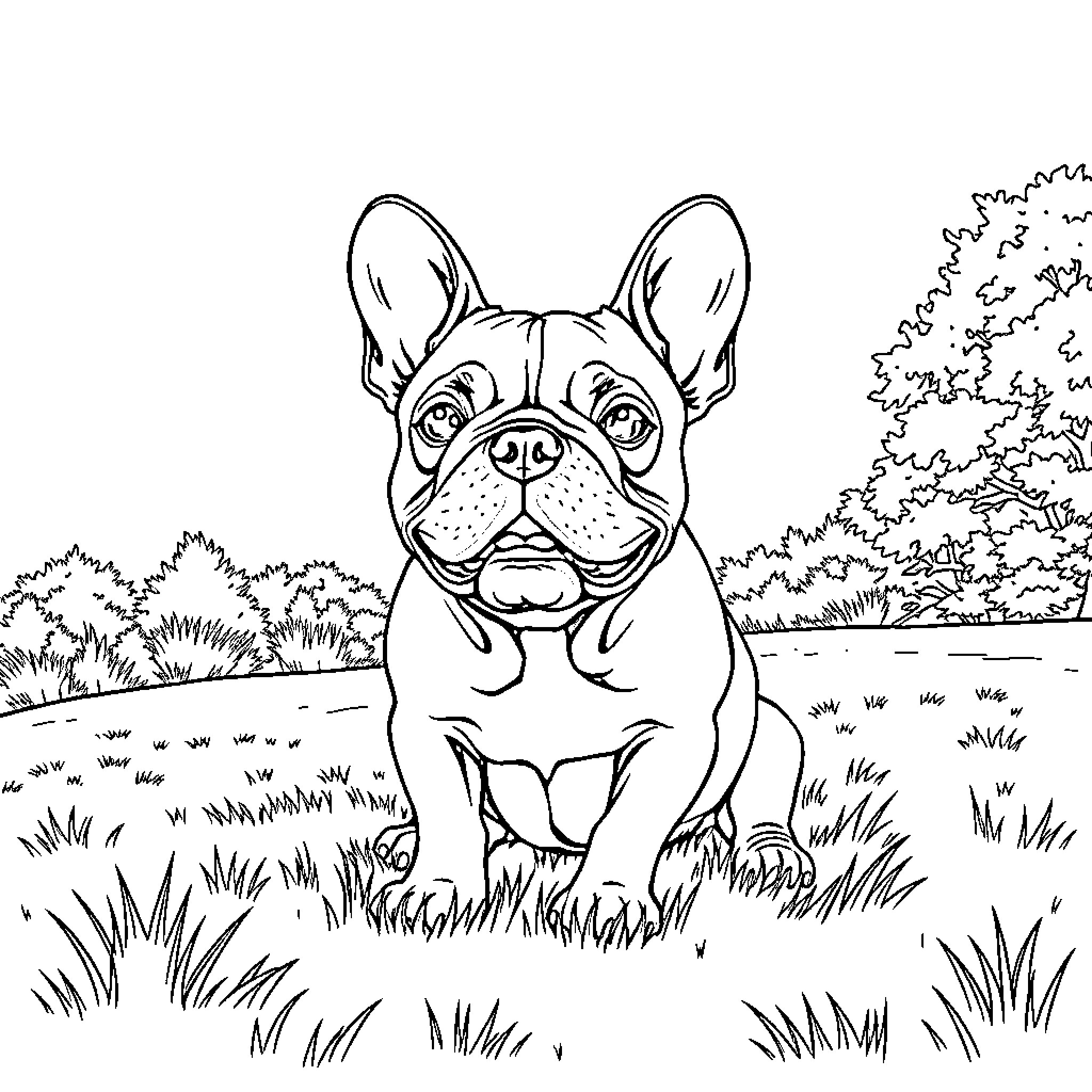French Bulldog relaxing in the grassy meadow Coloring Page (free black-and-white line drawing printable PDF for all, from beginners to advanced learners, including children, teens, adults, and seniors)