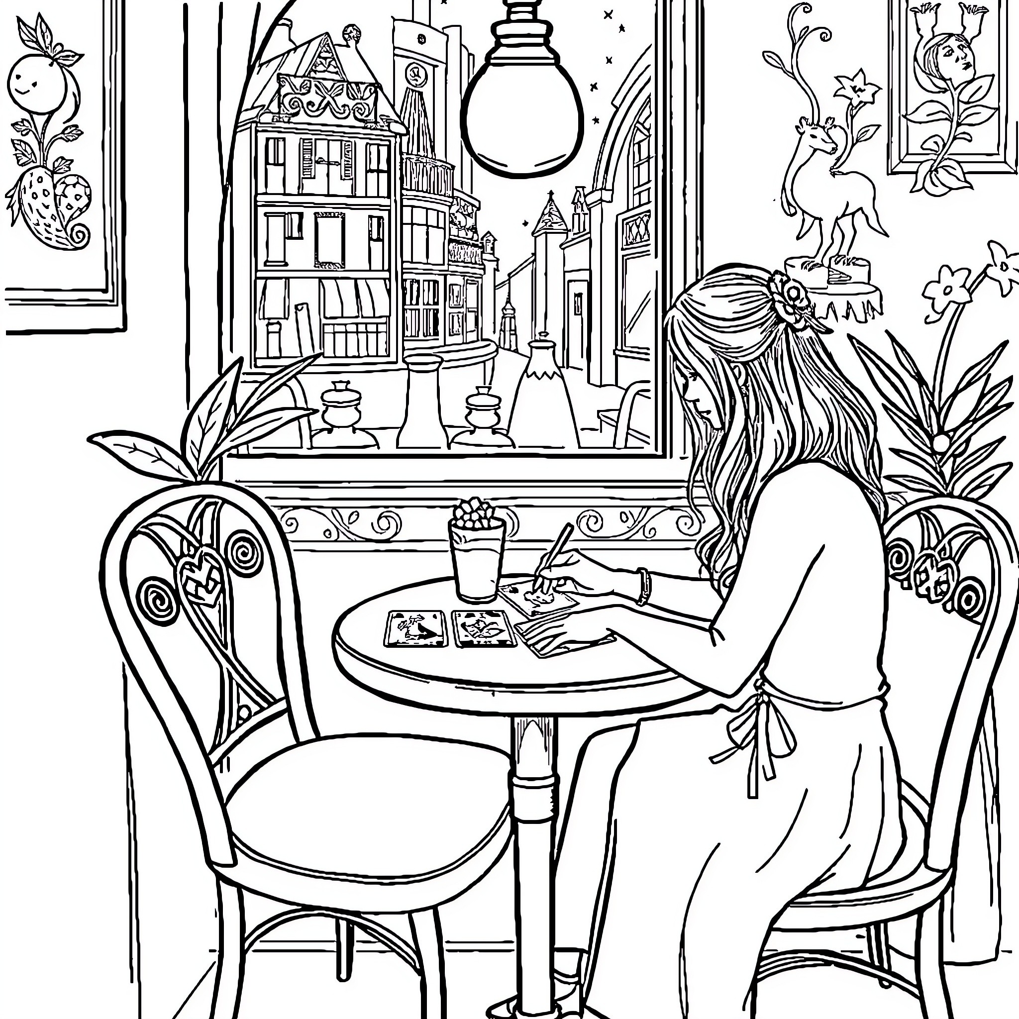 Girl relaxing with drink in cozy cafe Coloring Page (free black-and-white line drawing printable PDF for all, from beginners to advanced learners, including children, teens, adults, and seniors)