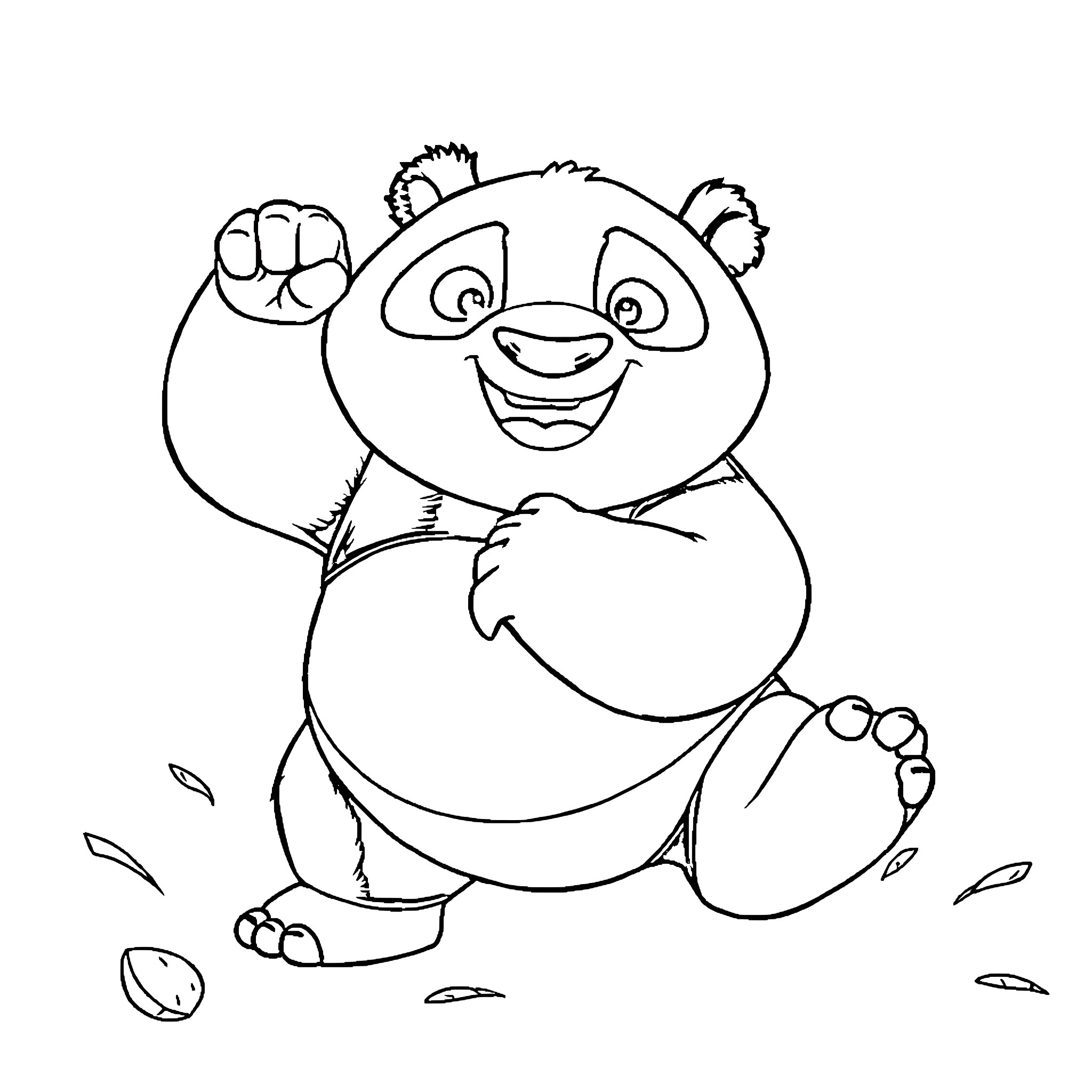 Kung Fu Panda playing happily on the ground Coloring Page (free black-and-white line drawing printable PDF for all, from beginners to advanced learners, including children, teens, adults, and seniors)