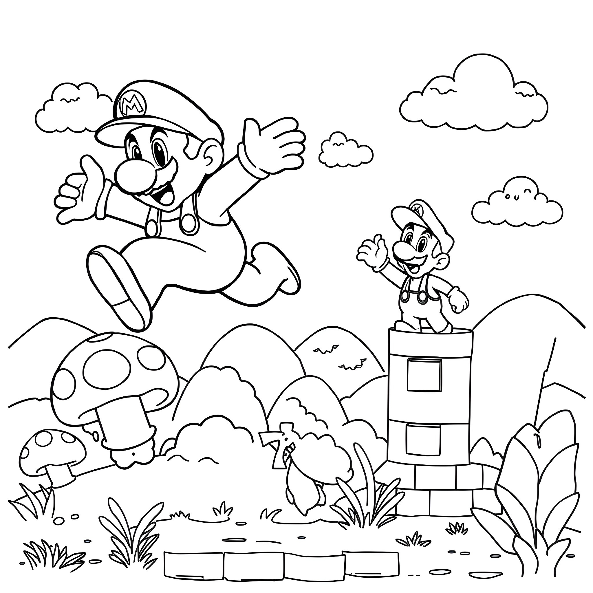 Super Mario Adventures in the Mushroom Kingdom Coloring Page (free black-and-white line drawing printable PDF for all, from beginners to advanced learners, including children, teens, adults, and seniors)