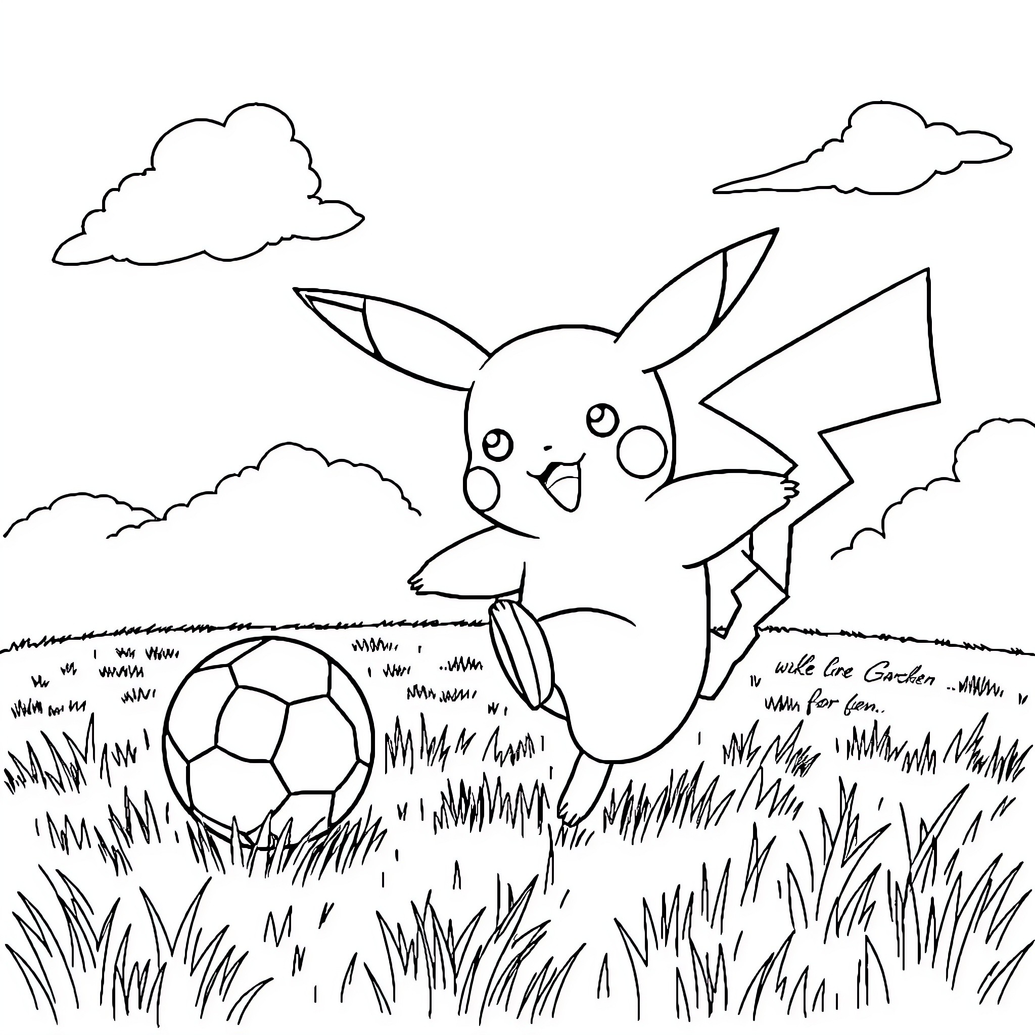 Pikachu playing with soccer ball in grassy field Coloring Page (free black-and-white line drawing printable PDF for all, from beginners to advanced learners, including children, teens, adults, and seniors)