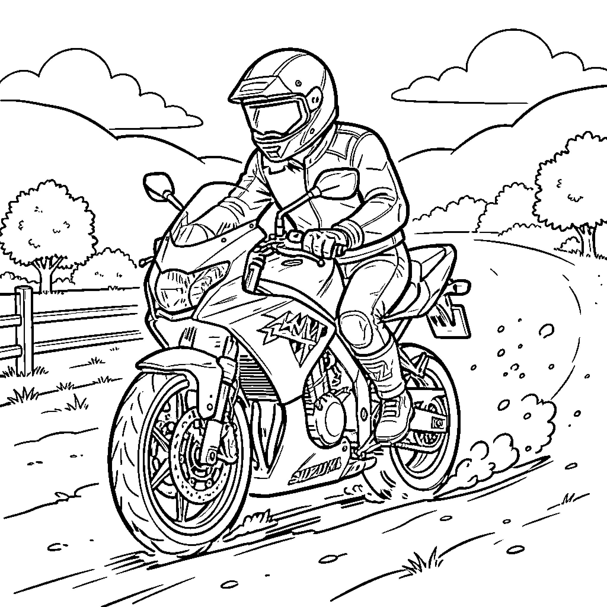 Roger Decoster riding a motorcycle through a dirt path Coloring Page (free black-and-white line drawing printable PDF for all, from beginners to advanced learners, including children, teens, adults, and seniors)