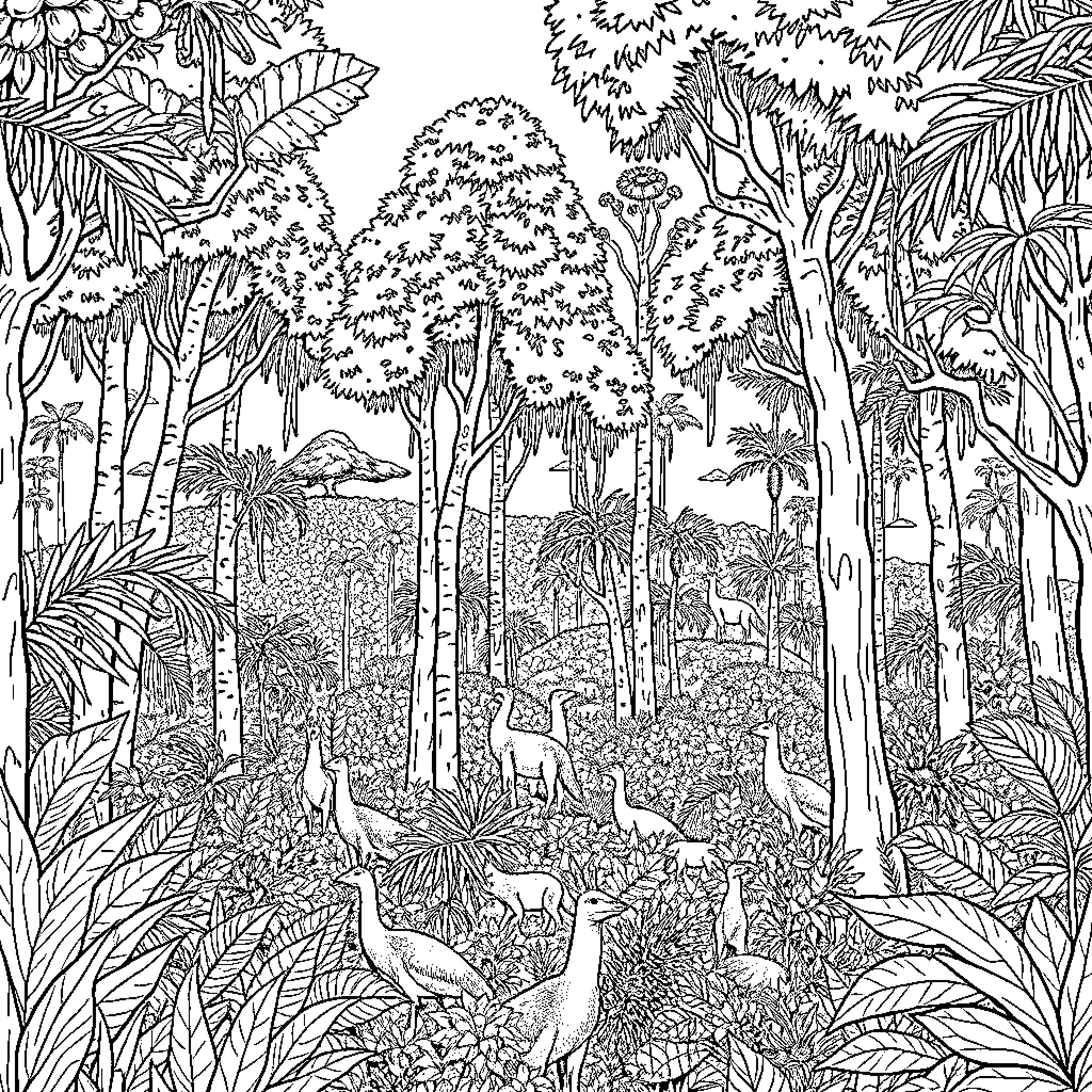 Jungle Scene with Diverse Wildlife Coloring Page (free black-and-white line drawing printable PDF for all, from beginners to advanced learners, including children, teens, adults, and seniors)