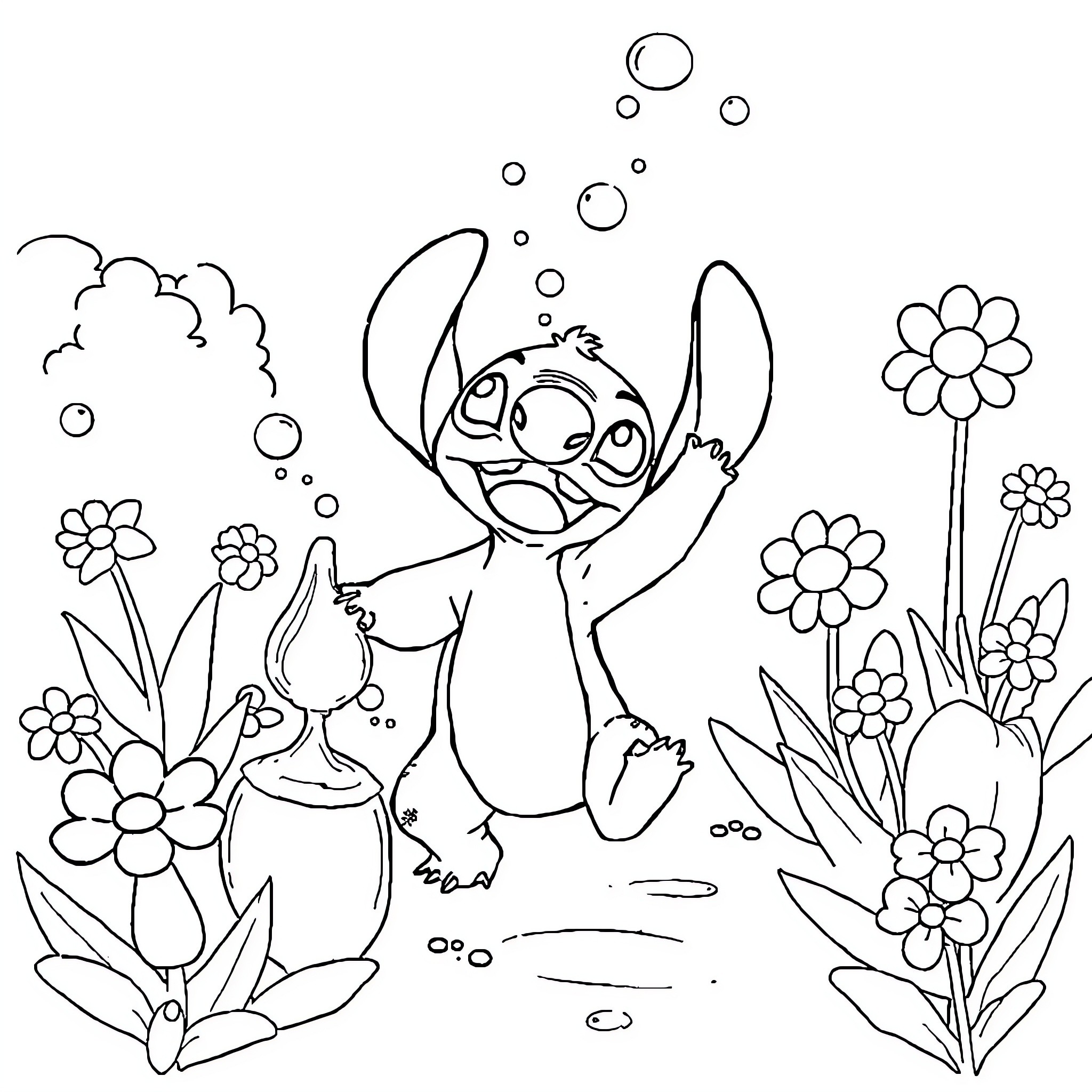 Stitch playing amongst the flowers Coloring Page (free black-and-white line drawing printable PDF for all, from beginners to advanced learners, including children, teens, adults, and seniors)