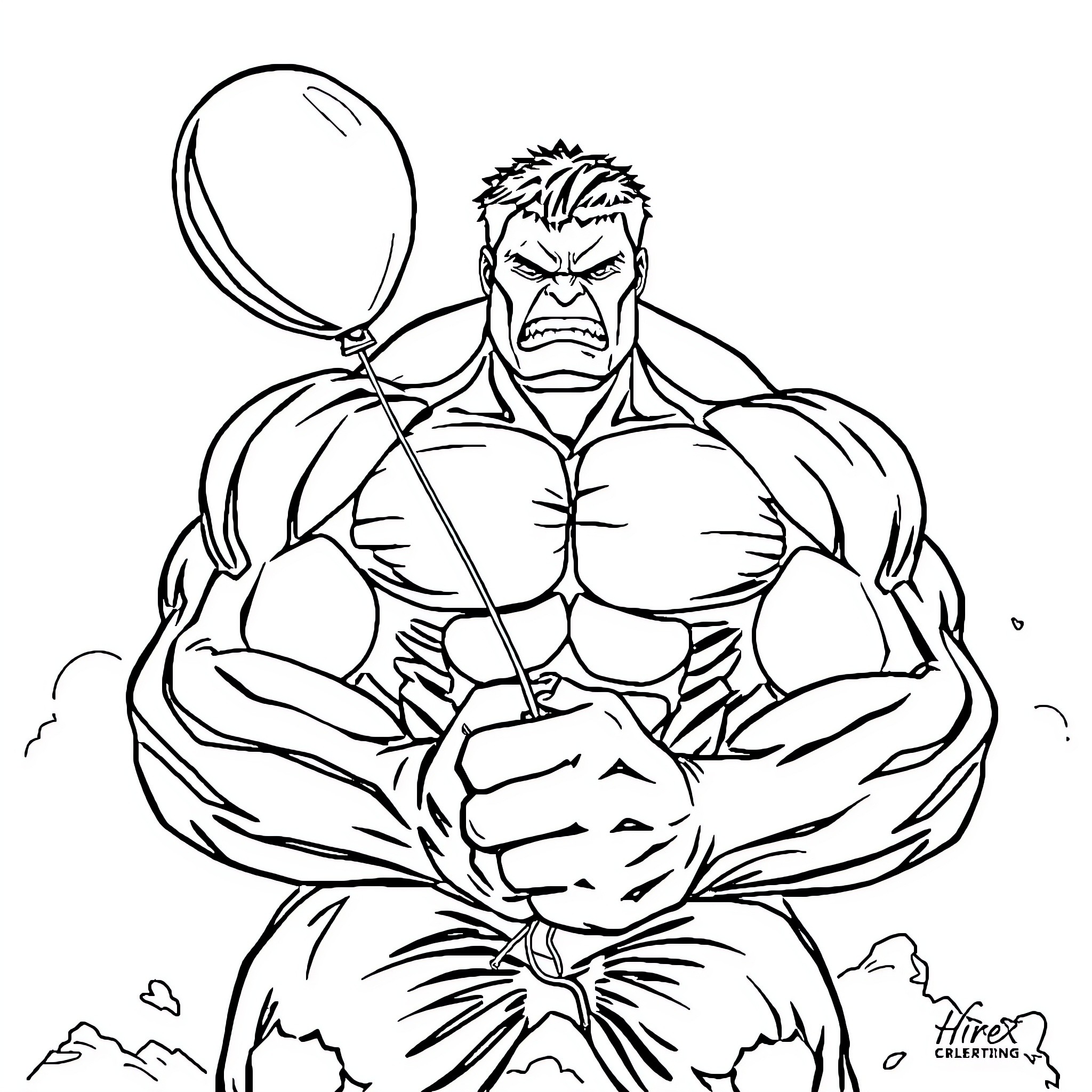 Hulk Flexing Powerful Muscles in Intense Pose Coloring Page (free black-and-white line drawing printable PDF for all, from beginners to advanced learners, including children, teens, adults, and seniors)