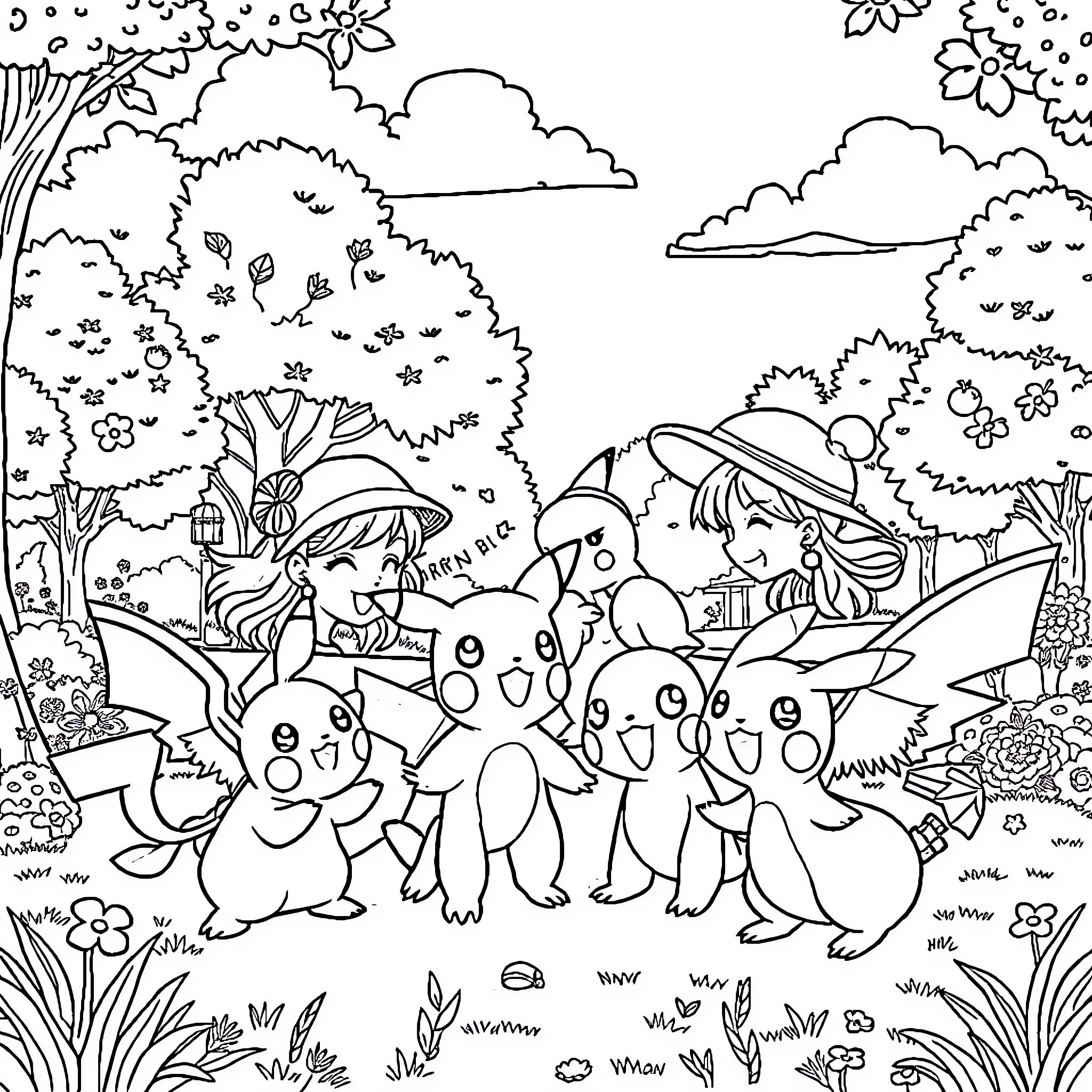 Pokémon characters exploring the natural world Coloring Page (free black-and-white line drawing printable PDF for all, from beginners to advanced learners, including children, teens, adults, and seniors)