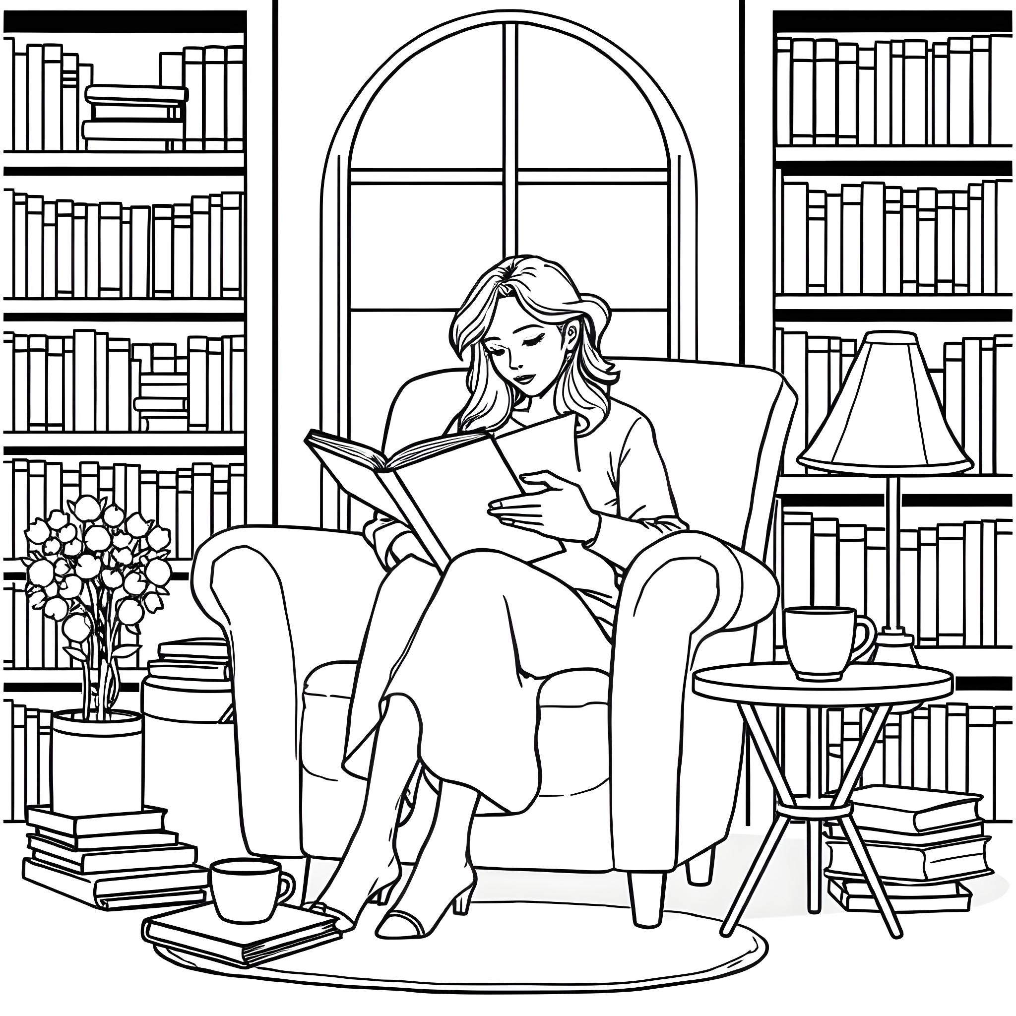 Woman reading book in cozy library Coloring Page (free black-and-white line drawing printable PDF for all, from beginners to advanced learners, including children, teens, adults, and seniors)