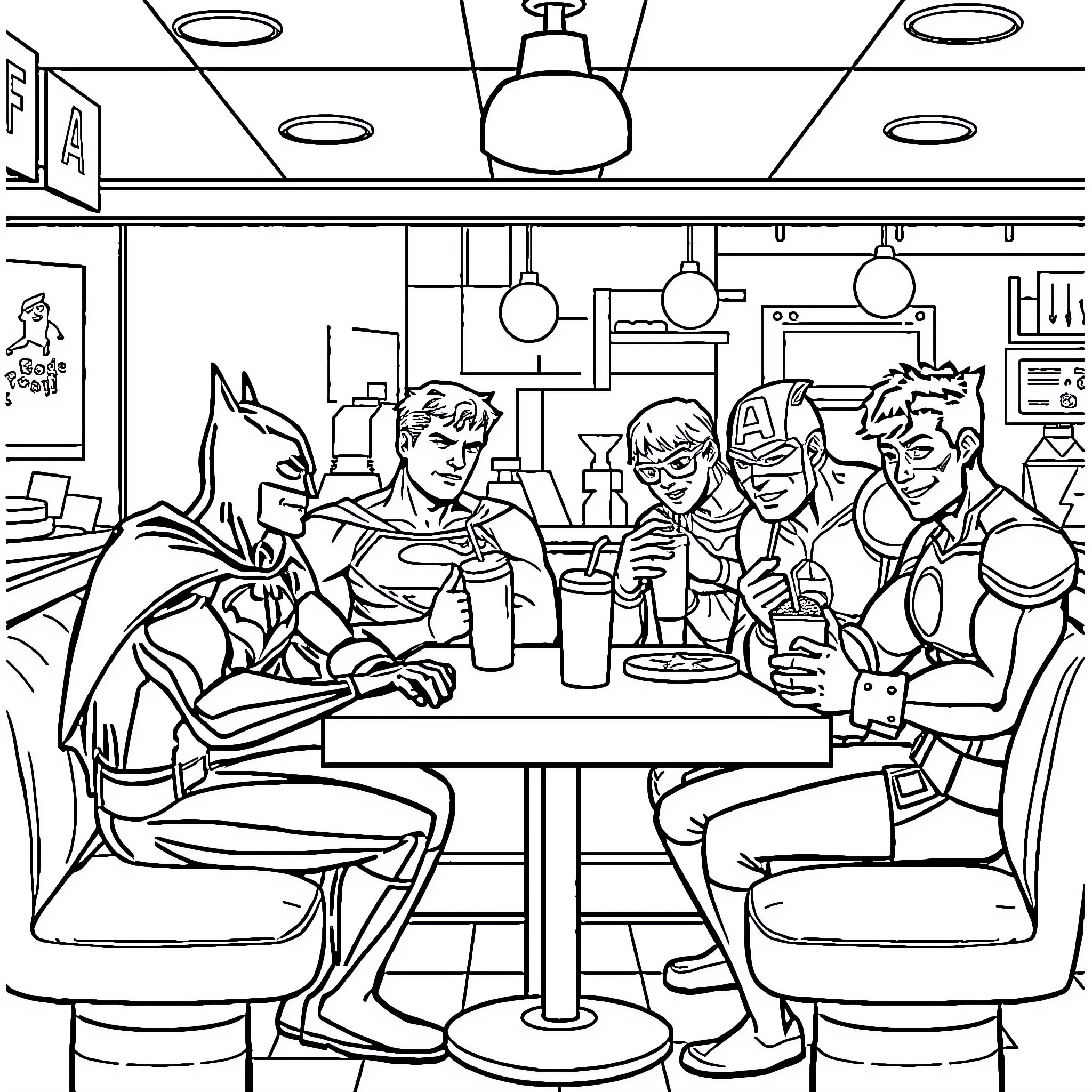 Superhero Team Enjoying a Casual Gathering Coloring Page (free black-and-white line drawing printable PDF for all, from beginners to advanced learners, including children, teens, adults, and seniors)