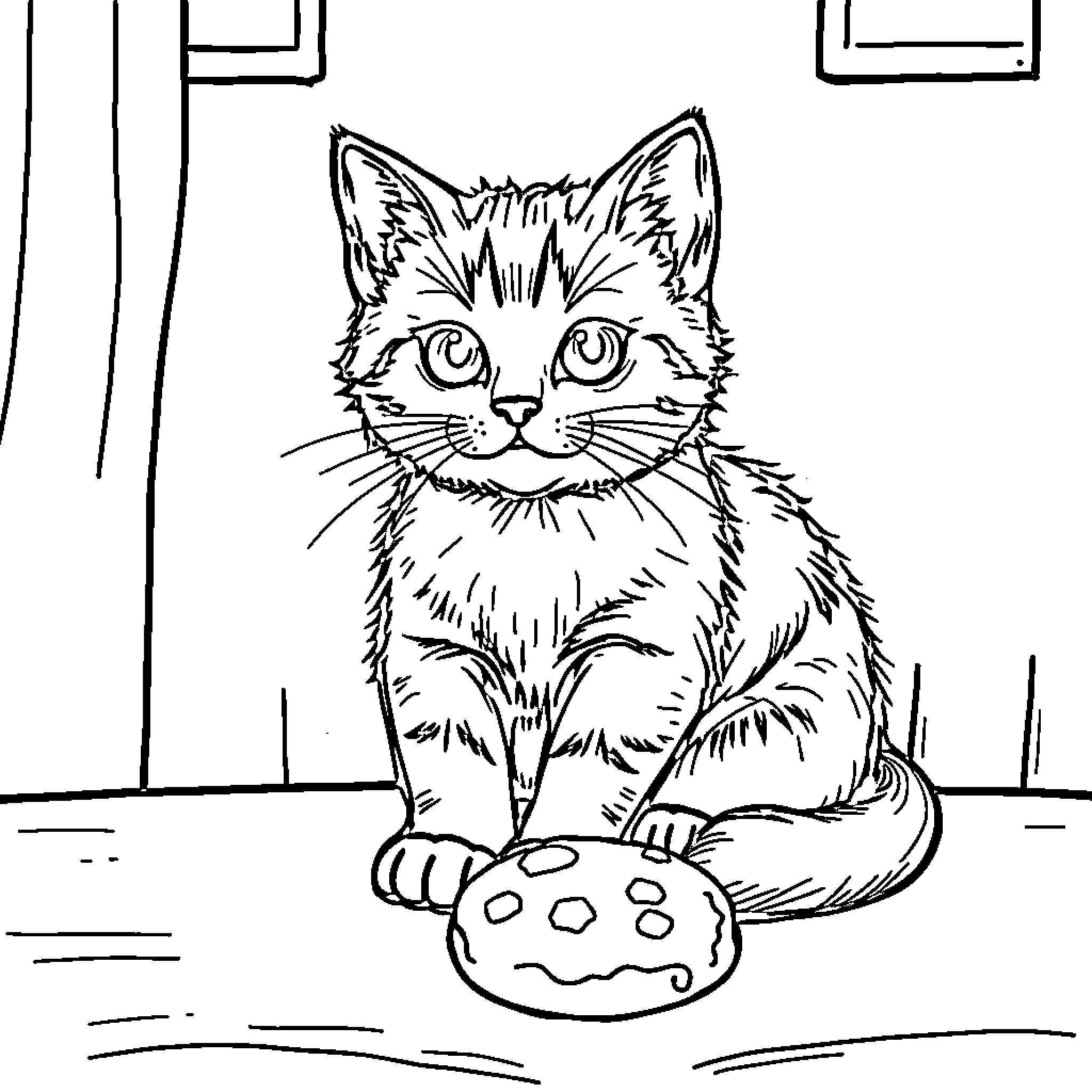 Cat playing with toy in room Coloring Page (free black-and-white line drawing printable PDF for all, from beginners to advanced learners, including children, teens, adults, and seniors)