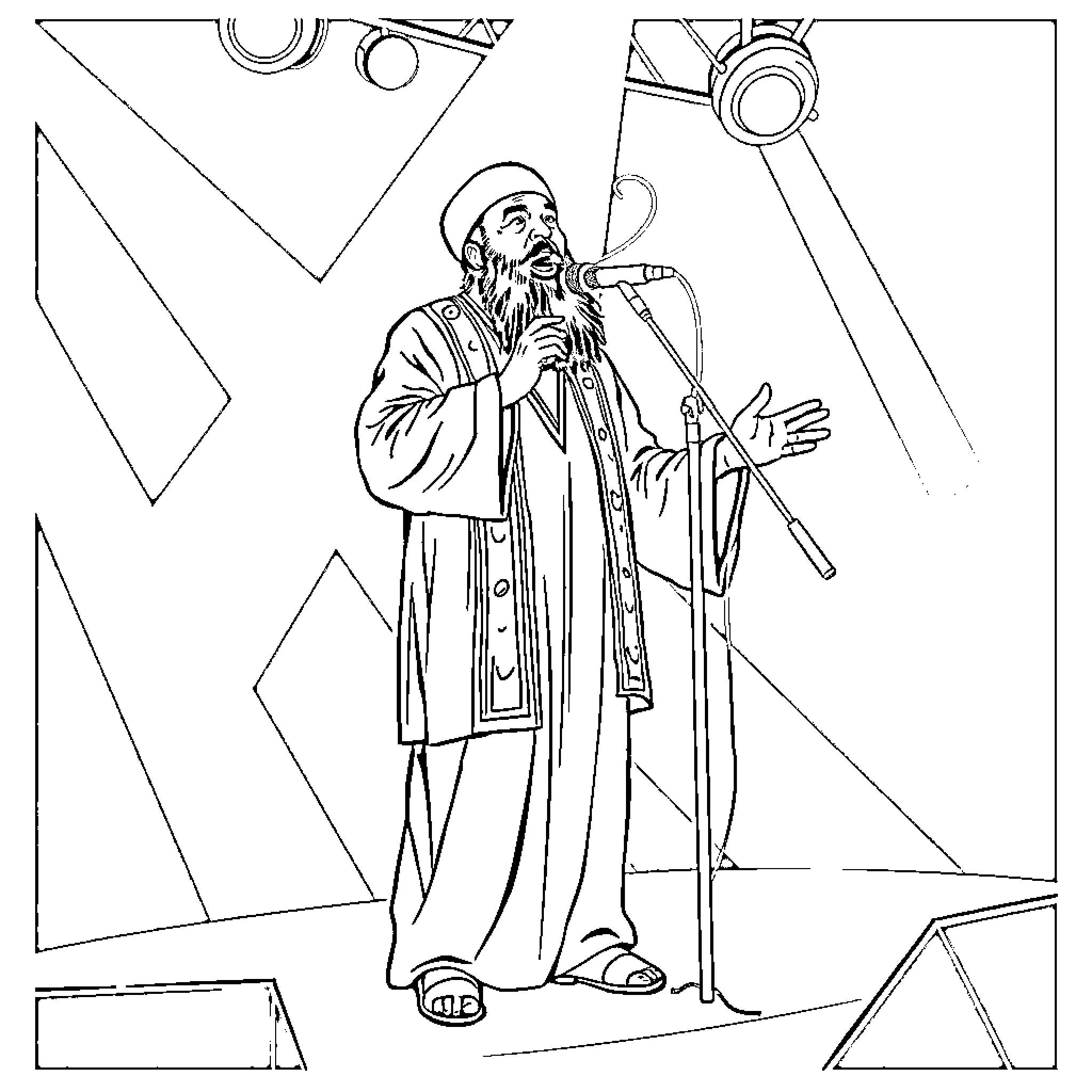Rumi reciting poetry with passion and conviction Coloring Page (free black-and-white line drawing printable PDF for all, from beginners to advanced learners, including children, teens, adults, and seniors)