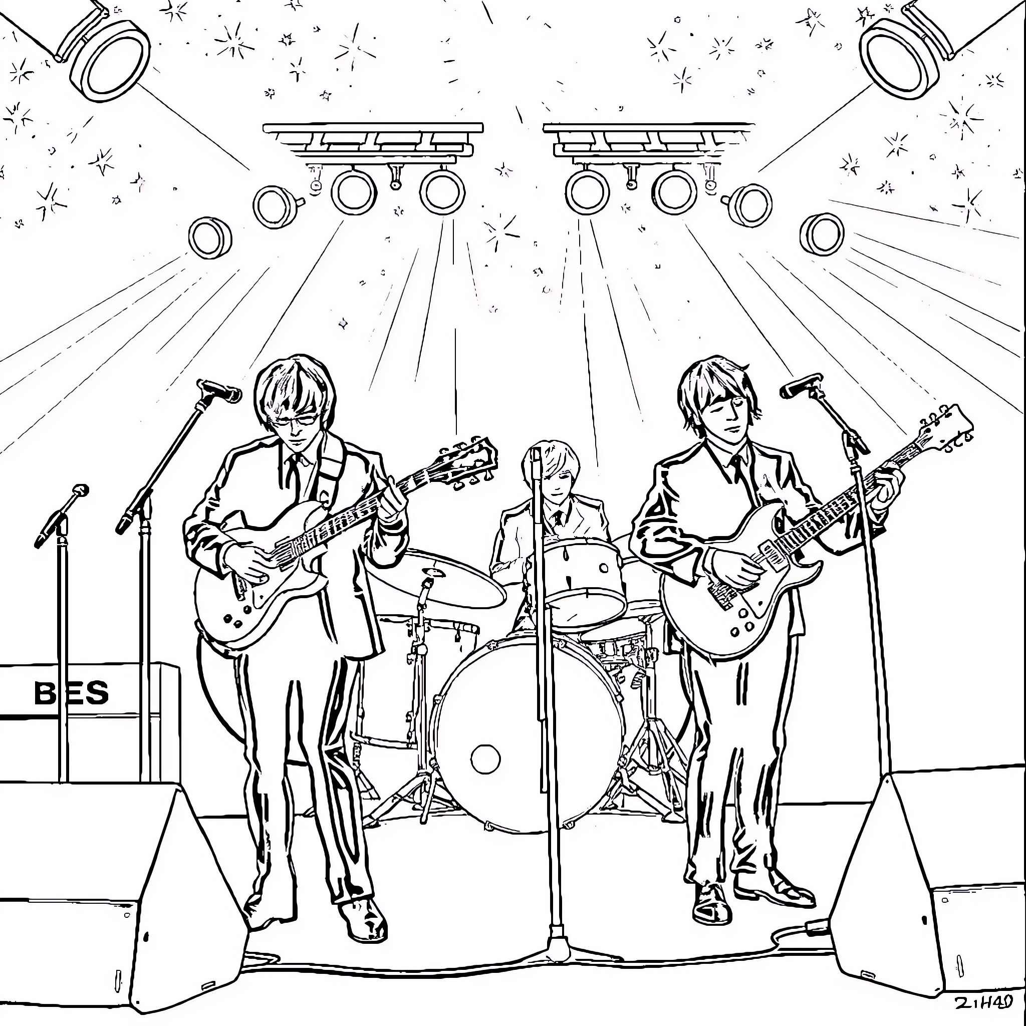 Beatles Performing on Stage with Instruments Coloring Page (free black-and-white line drawing printable PDF for all, from beginners to advanced learners, including children, teens, adults, and seniors)