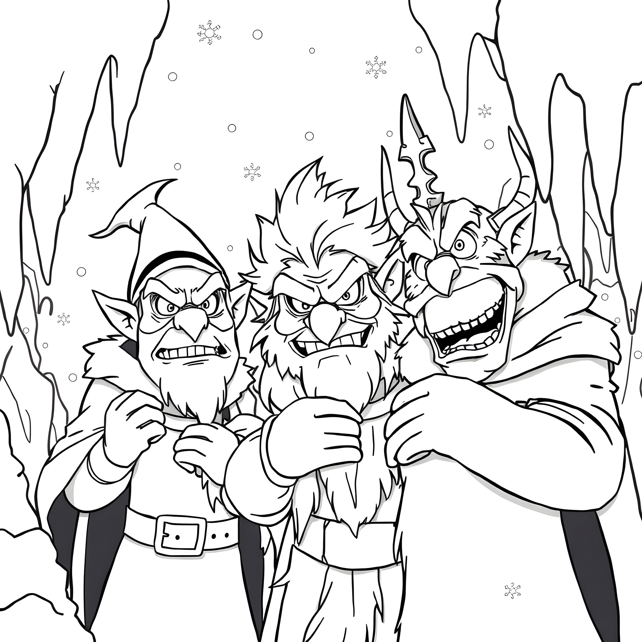 Frozen Characters in Snowy Caricature Poses Coloring Page (free black-and-white line drawing printable PDF for all, from beginners to advanced learners, including children, teens, adults, and seniors)