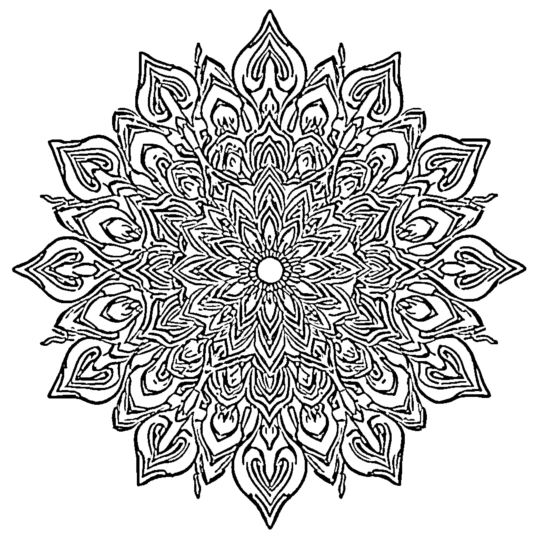 Mandala of intricate floral patterns Coloring Page (free black-and-white line drawing printable PDF for all, from beginners to advanced learners, including children, teens, adults, and seniors)