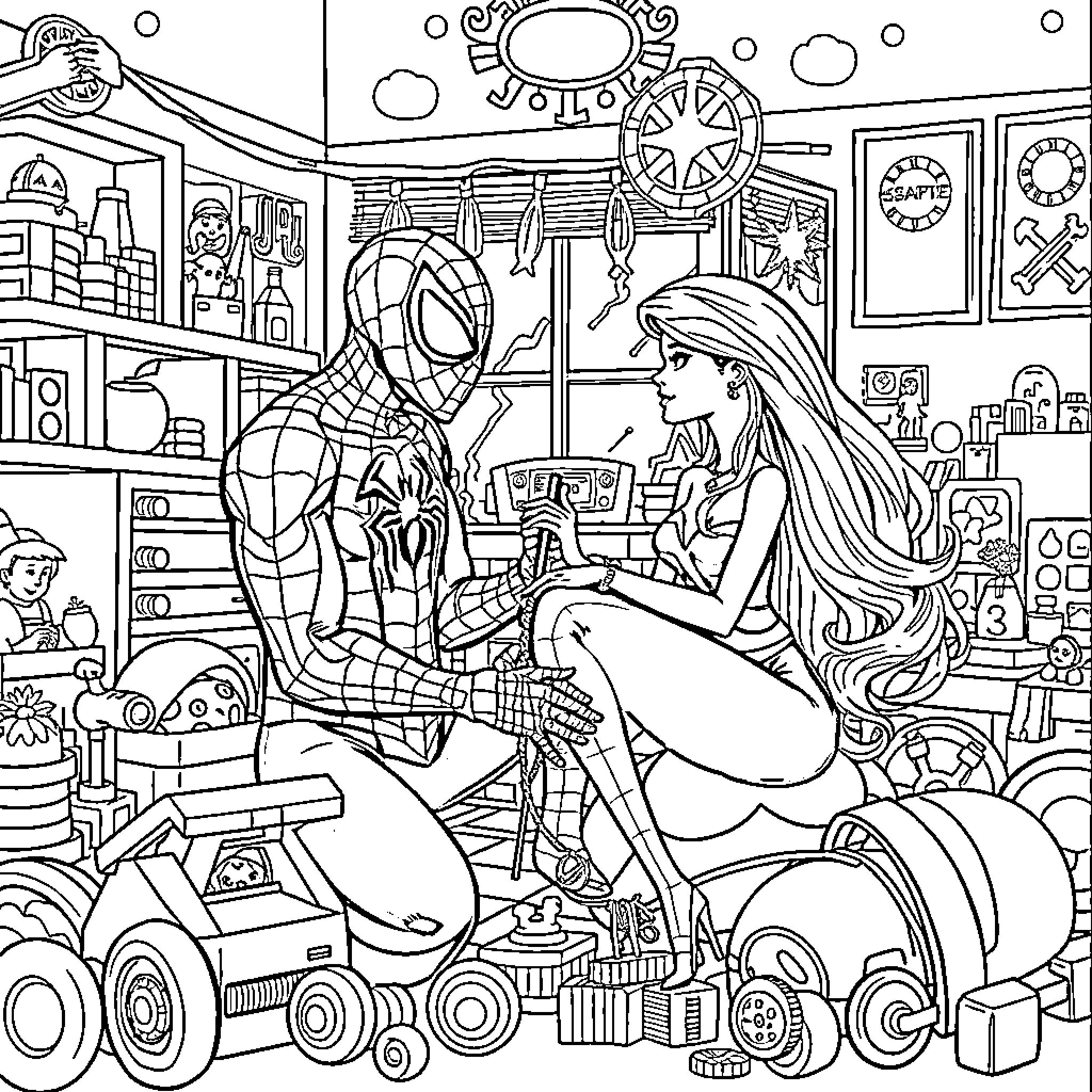 Spider-Man visiting a girl in her workshop Coloring Page (free black-and-white line drawing printable PDF for all, from beginners to advanced learners, including children, teens, adults, and seniors)