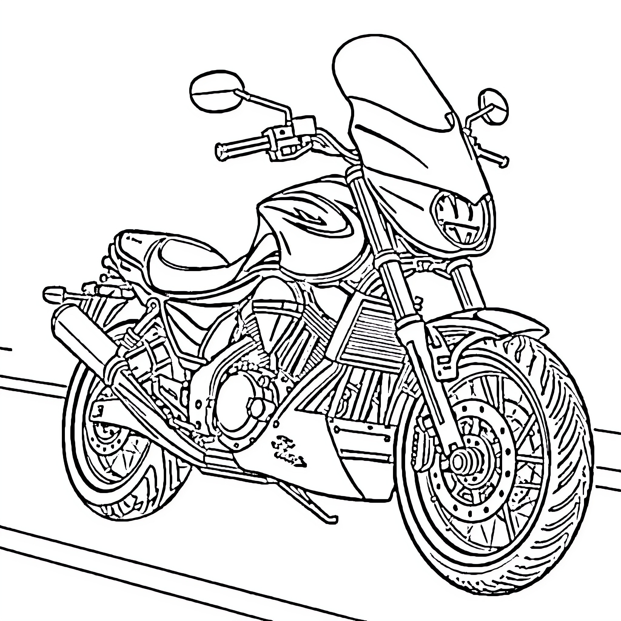 Moto Speeding through the Road Coloring Page (free black-and-white line drawing printable PDF for all, from beginners to advanced learners, including children, teens, adults, and seniors)