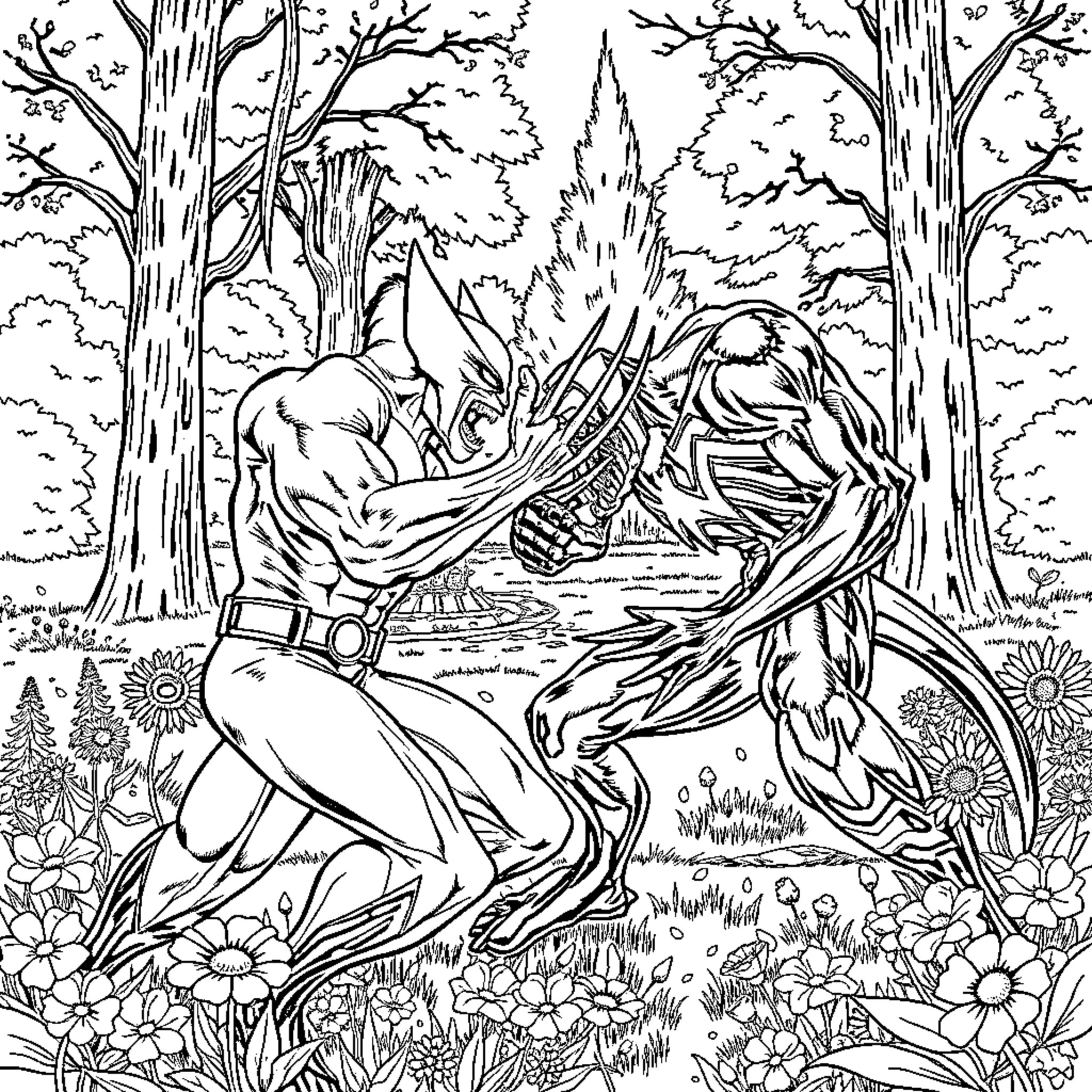 Wolverine clashing with savage beast in forest Coloring Page (free black-and-white line drawing printable PDF for all, from beginners to advanced learners, including children, teens, adults, and seniors)