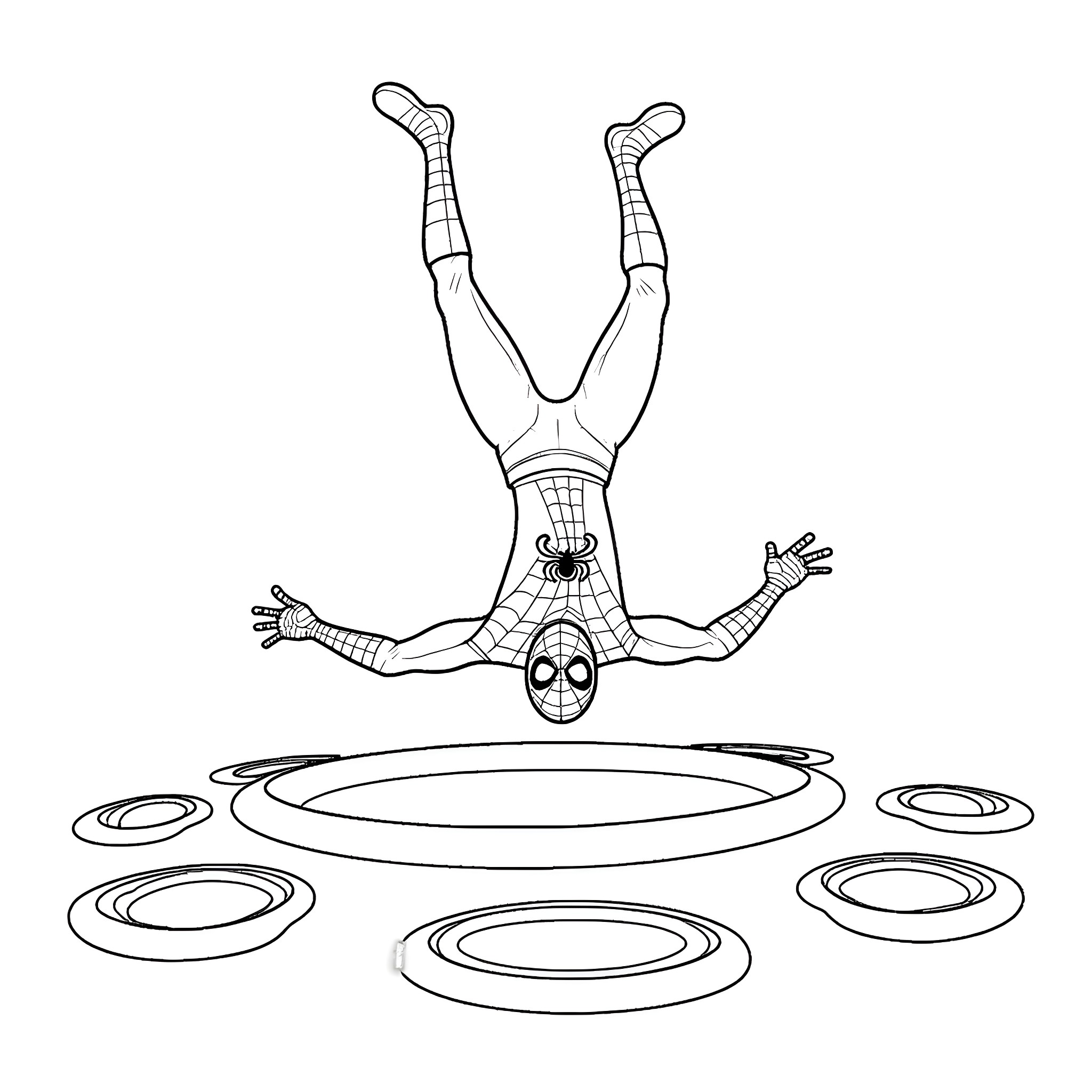 Spiderman's aerial acrobatics on web platforms Coloring Page (free black-and-white line drawing printable PDF for all, from beginners to advanced learners, including children, teens, adults, and seniors)