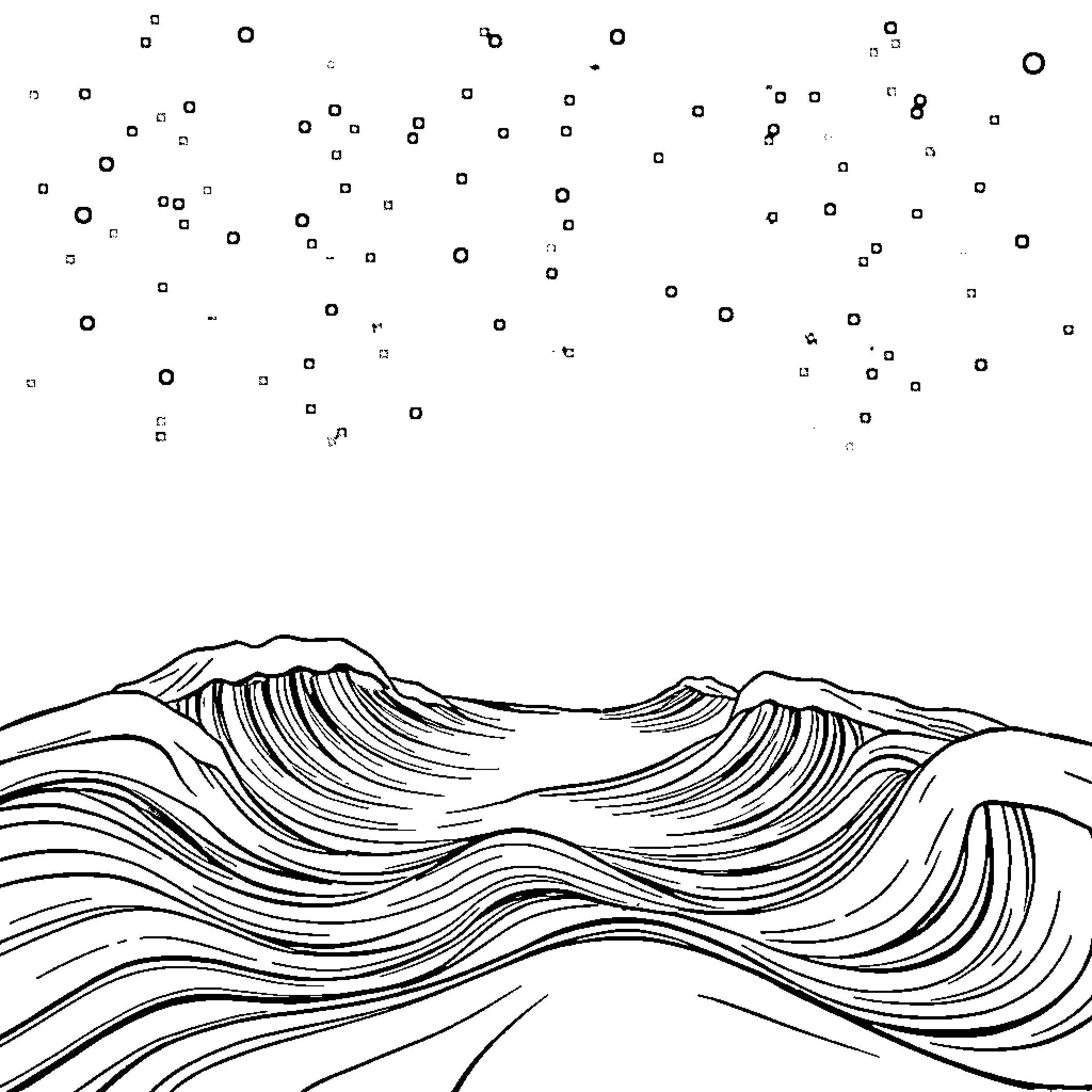 Sound of Waves in the Mountains Coloring Page (free black-and-white line drawing printable PDF for all, from beginners to advanced learners, including children, teens, adults, and seniors)