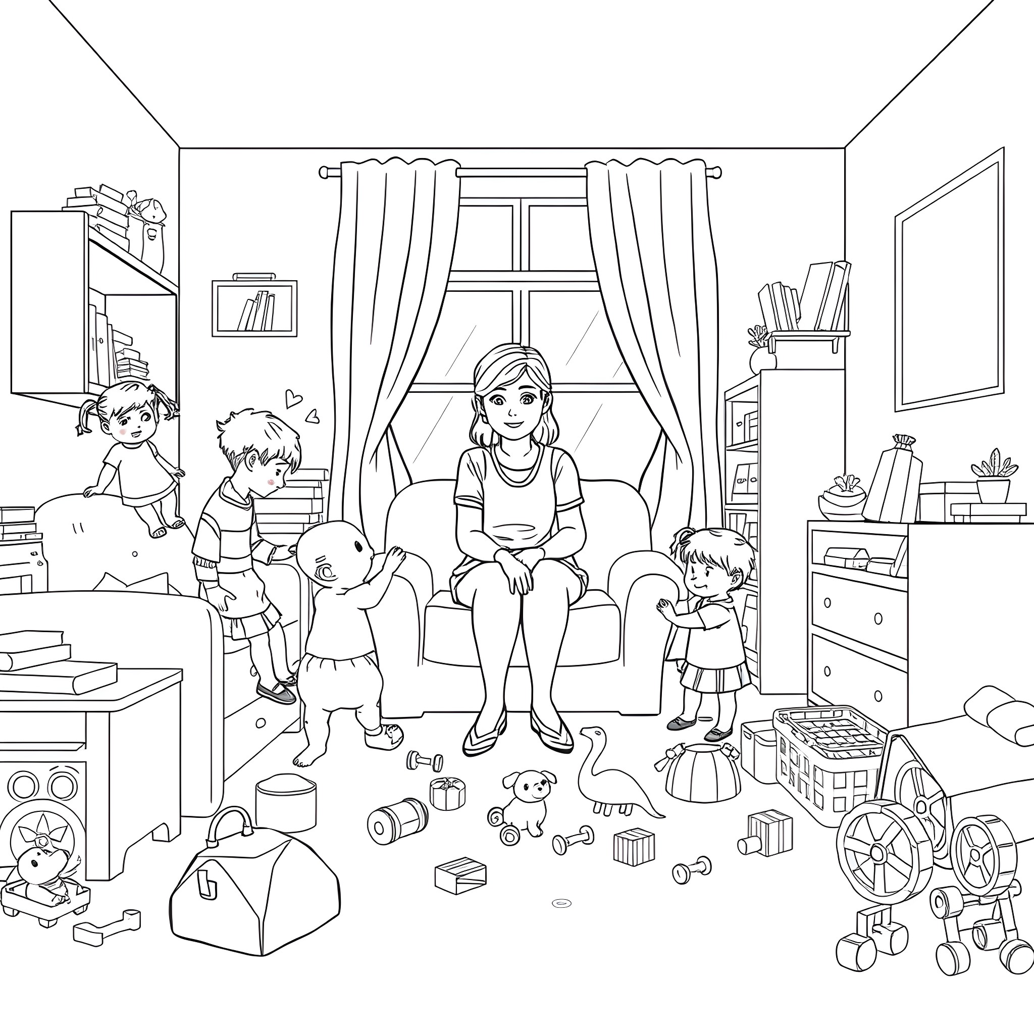 Daycare Person interacting with children in a playroom Coloring Page (free black-and-white line drawing printable PDF for all, from beginners to advanced learners, including children, teens, adults, and seniors)