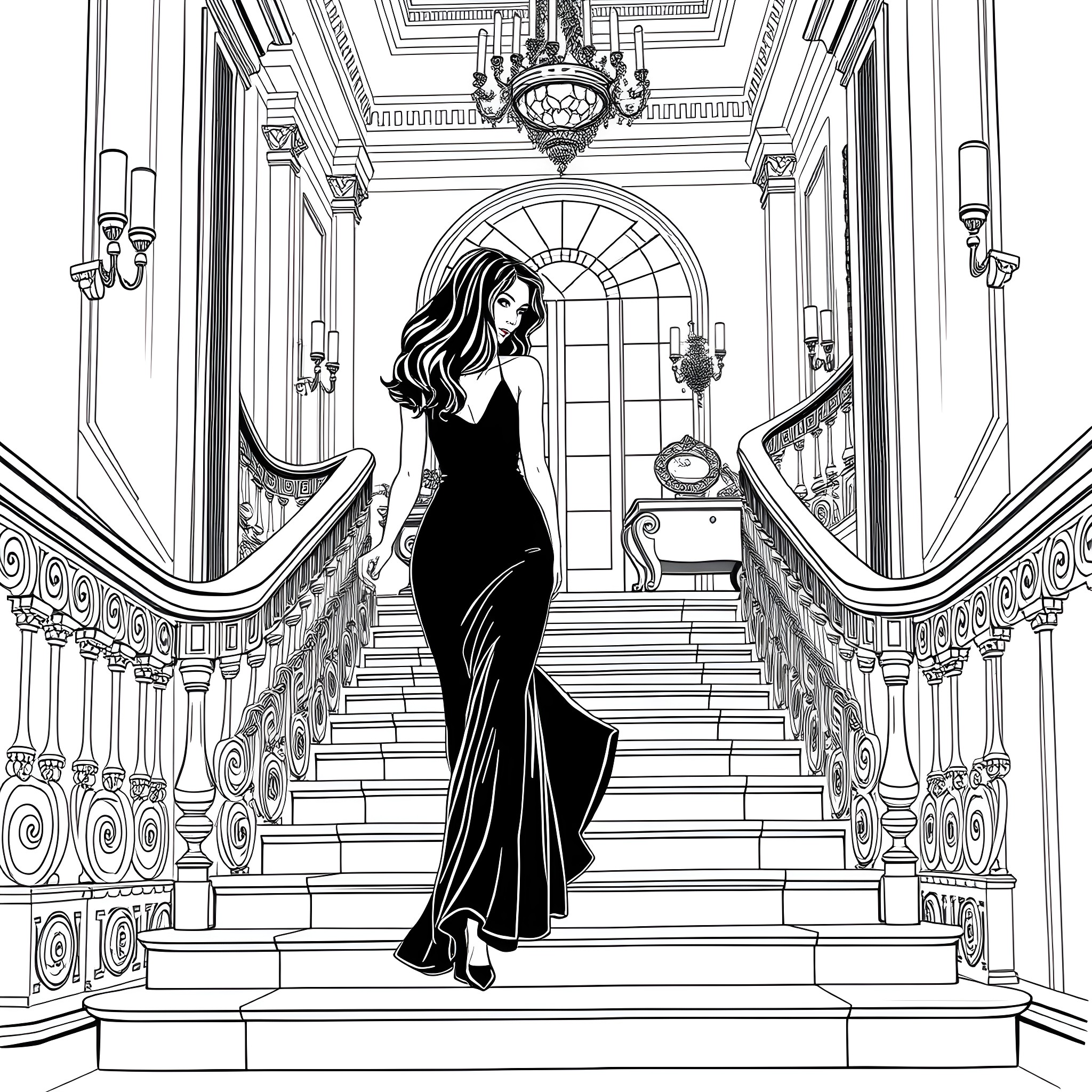 Alexis Texas Descending the Stairs in Elegant Dress Coloring Page (free black-and-white line drawing printable PDF for all, from beginners to advanced learners, including children, teens, adults, and seniors)
