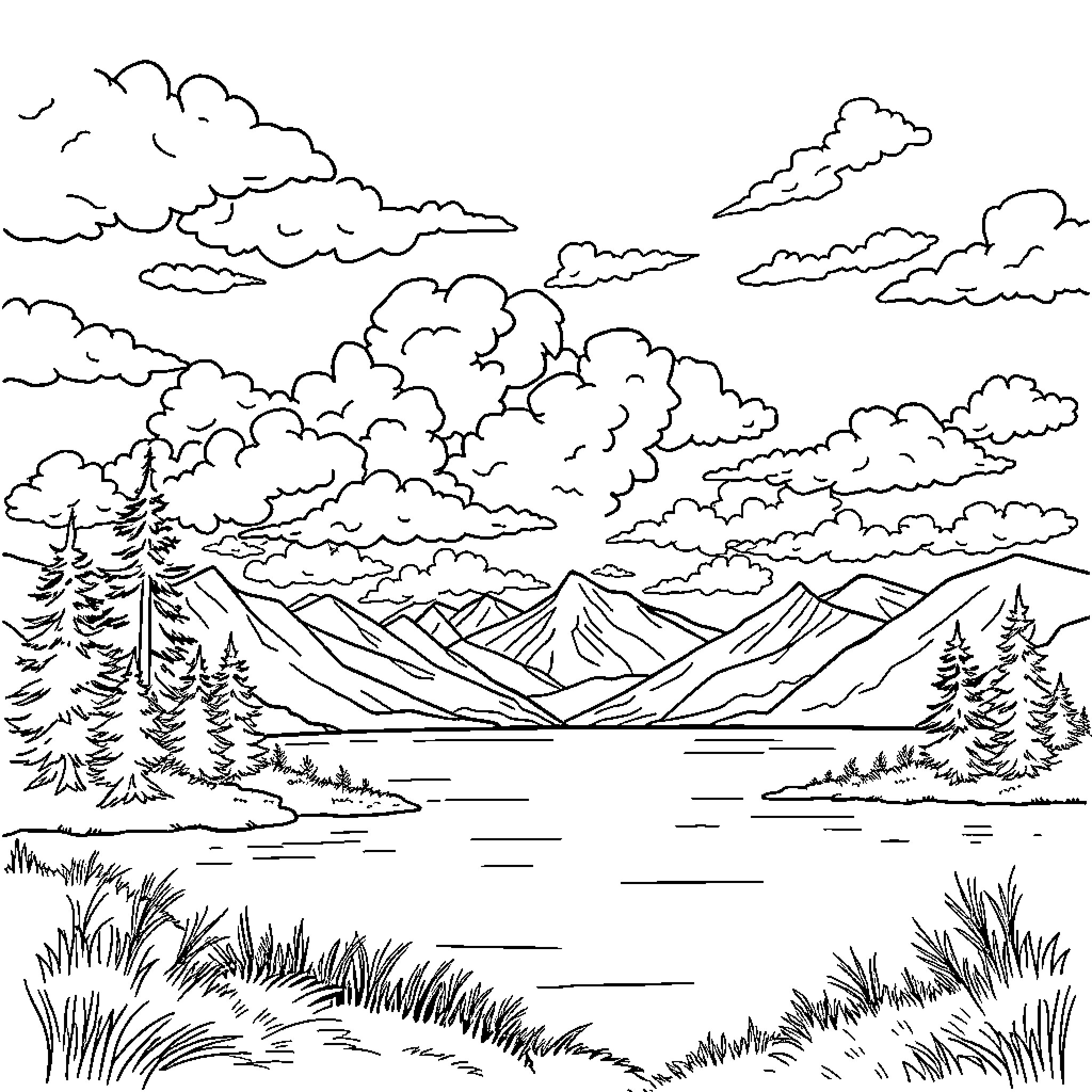 Bob Ross capturing the majestic mountain landscape Coloring Page (free black-and-white line drawing printable PDF for all, from beginners to advanced learners, including children, teens, adults, and seniors)