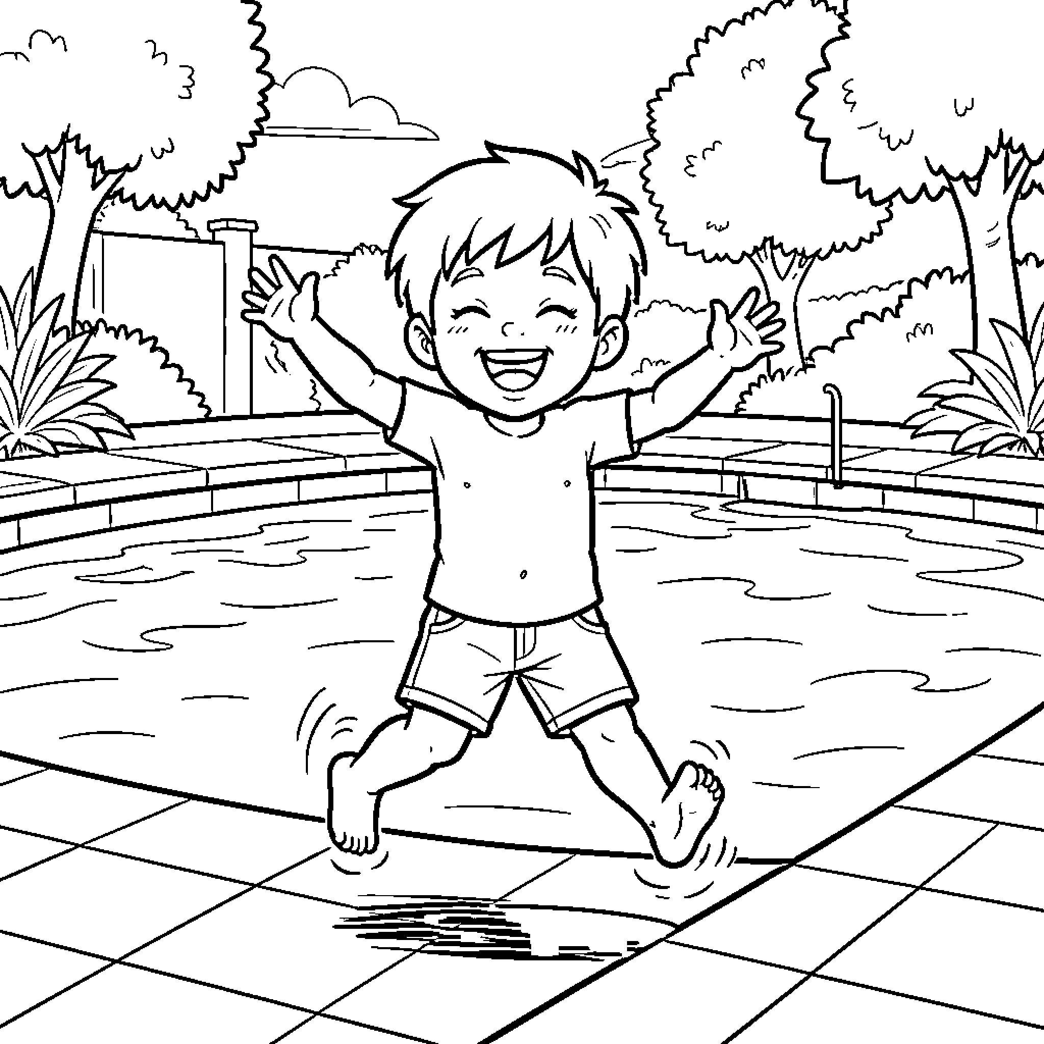 Child jumping joyfully near a swimming pool Coloring Page (free black-and-white line drawing printable PDF for all, from beginners to advanced learners, including children, teens, adults, and seniors)