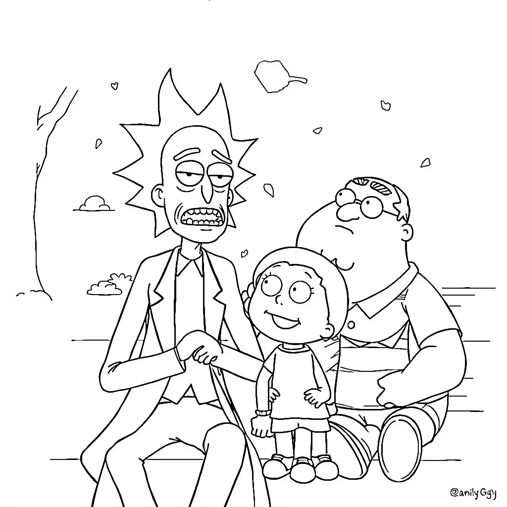 Rick And Morty in Outrageous Adventures Coloring Page (free black-and-white line drawing printable PDF for all, from beginners to advanced learners, including children, teens, adults, and seniors)