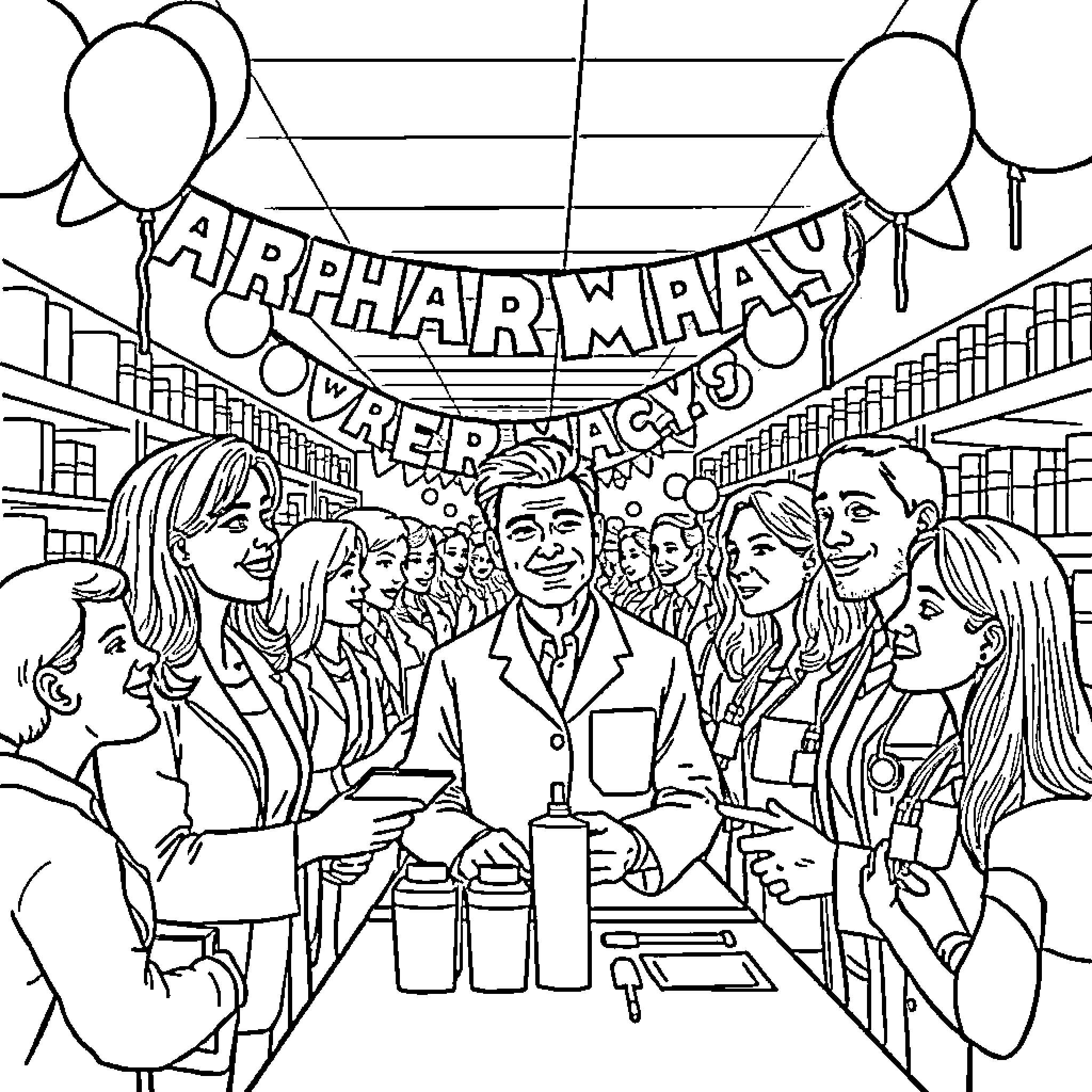 Pharmacy Celebration with Coworkers and Customers Coloring Page (free black-and-white line drawing printable PDF for all, from beginners to advanced learners, including children, teens, adults, and seniors)