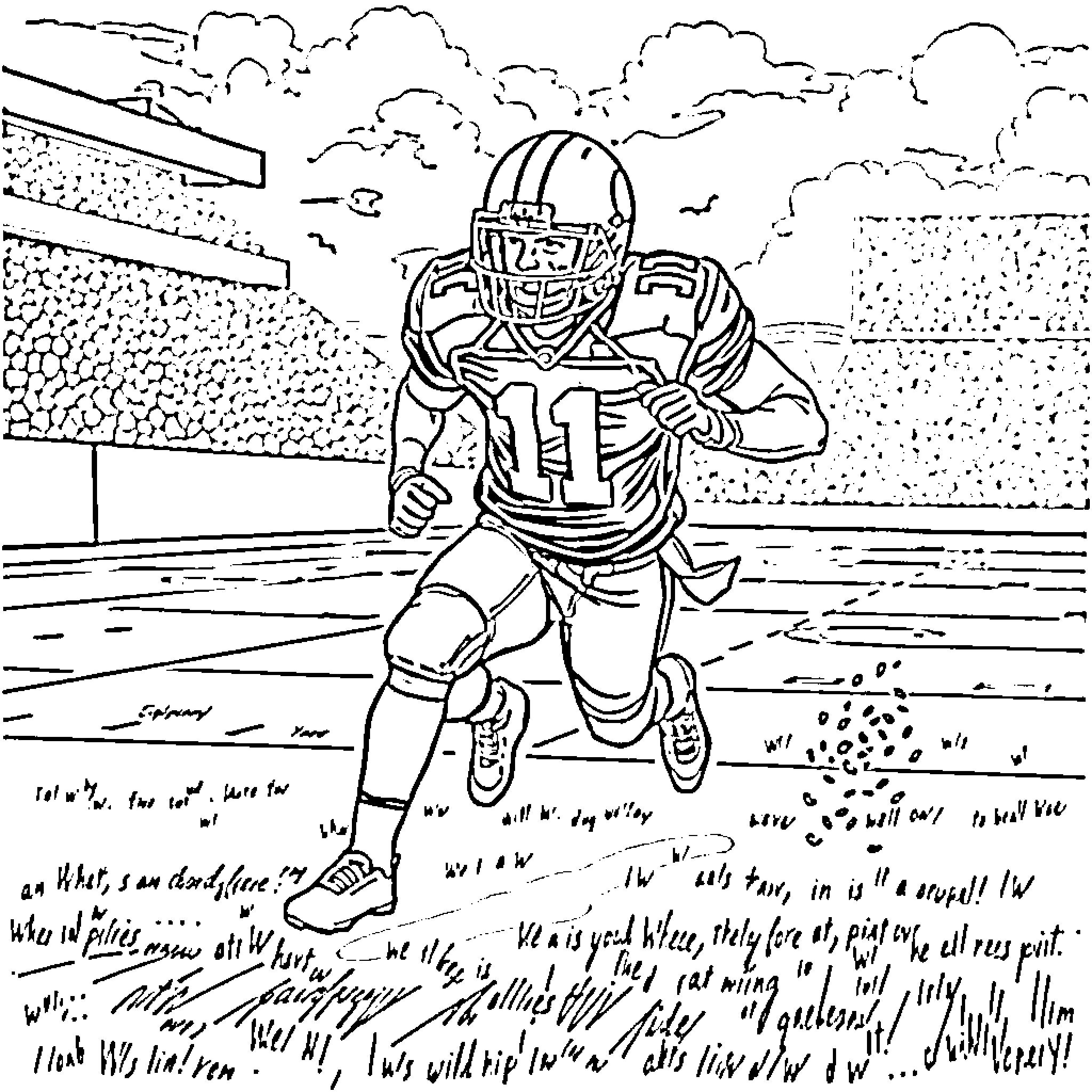 Football Player Running Across the Field Coloring Page (free black-and-white line drawing printable PDF for all, from beginners to advanced learners, including children, teens, adults, and seniors)