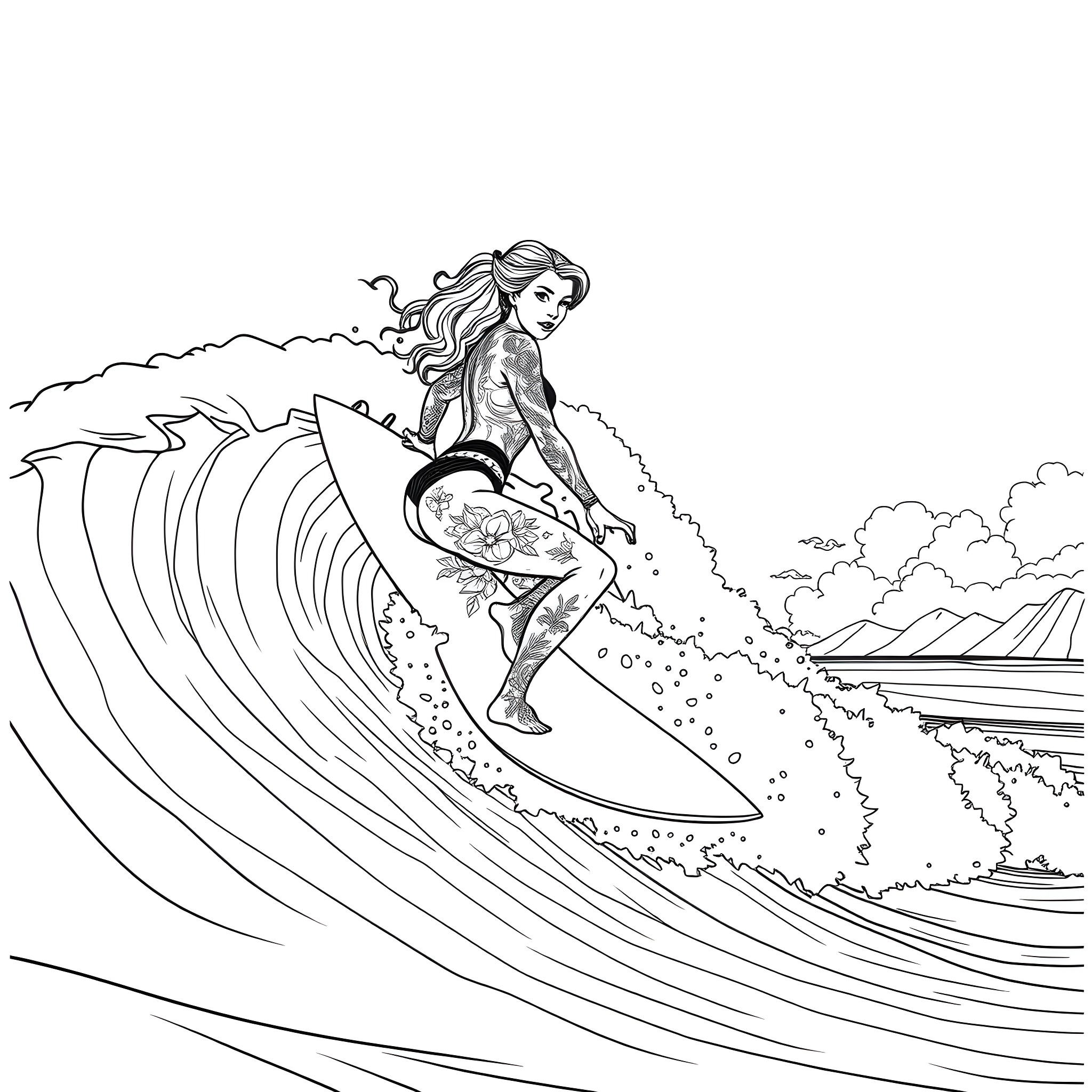 Female surfer riding large ocean wave Coloring Page (free black-and-white line drawing printable PDF for all, from beginners to advanced learners, including children, teens, adults, and seniors)