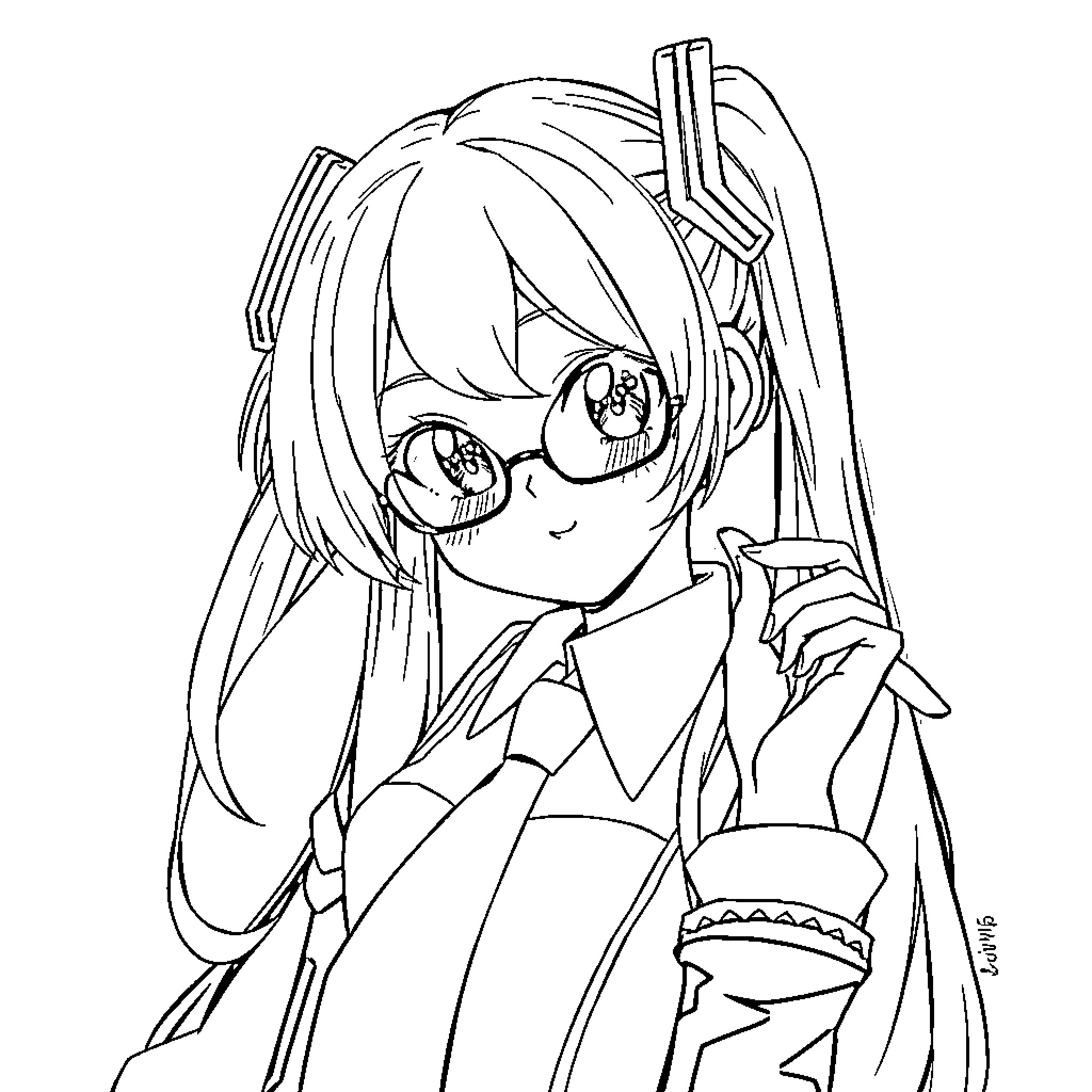 Miku gazing with big, expressive eyes Coloring Page (free black-and-white line drawing printable PDF for all, from beginners to advanced learners, including children, teens, adults, and seniors)