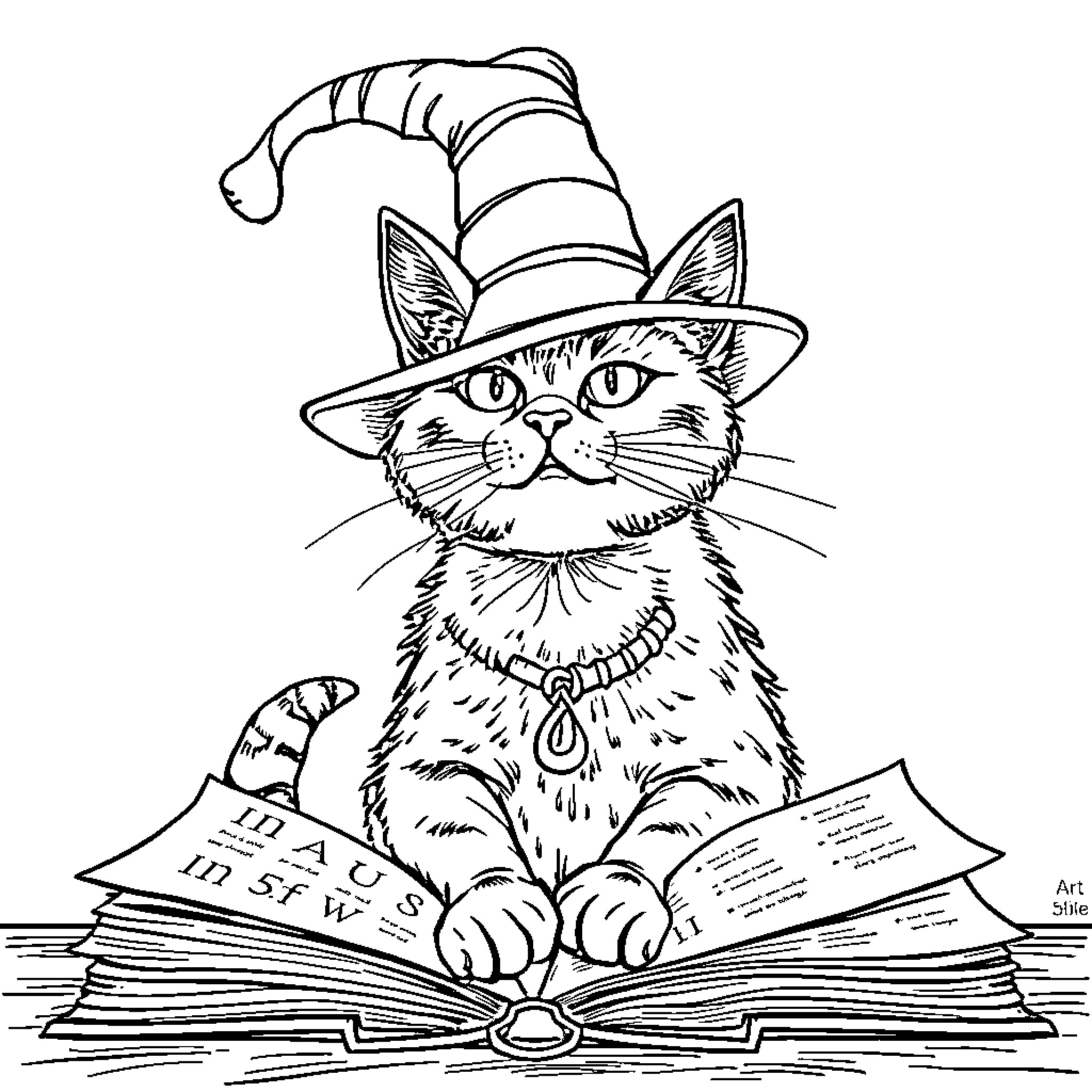 Cat dressed as wizard reading book Coloring Page (free black-and-white line drawing printable PDF for all, from beginners to advanced learners, including children, teens, adults, and seniors)