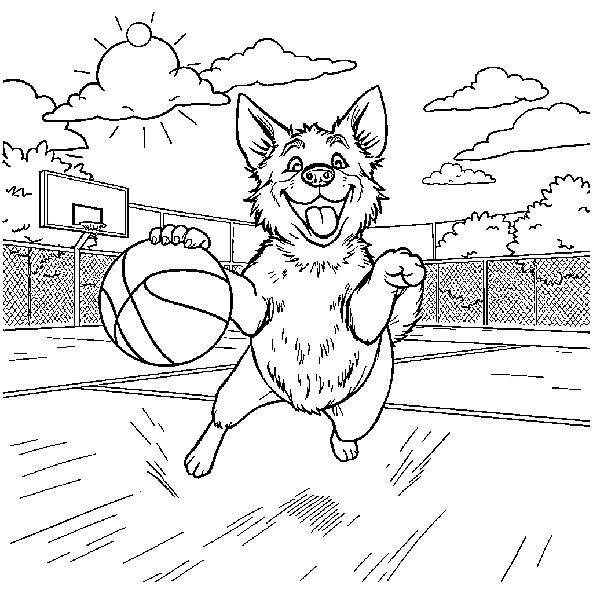 Dog playing with basketball on sports court Coloring Page (free black-and-white line drawing printable PDF for all, from beginners to advanced learners, including children, teens, adults, and seniors)