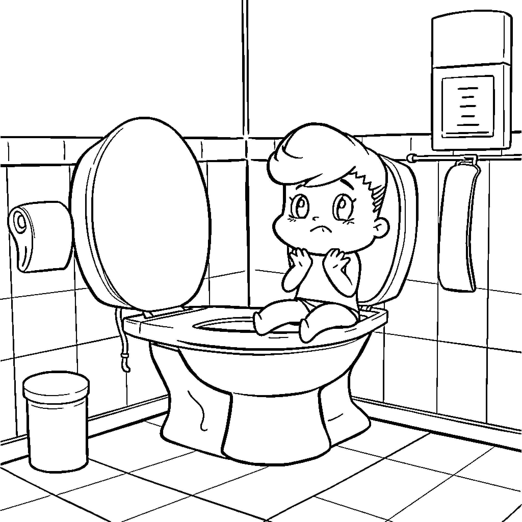 Blippy's Bathroom Discomfort Coloring Page (free black-and-white line drawing printable PDF for all, from beginners to advanced learners, including children, teens, adults, and seniors)