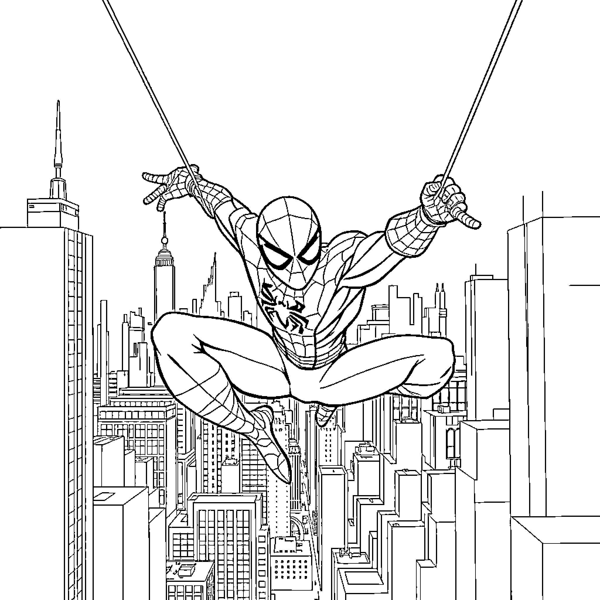 Spider-Man swinging through the city skyline Coloring Page (free black-and-white line drawing printable PDF for all, from beginners to advanced learners, including children, teens, adults, and seniors)