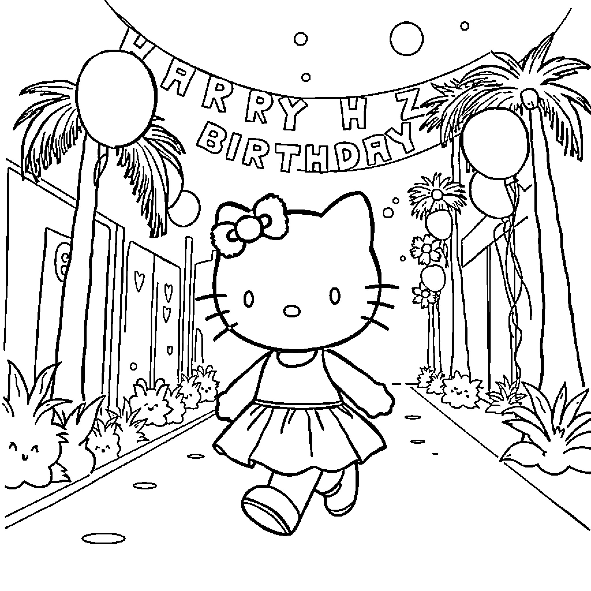 Hello Kitty's Happy Birthday Party Coloring Page (free black-and-white line drawing printable PDF for all, from beginners to advanced learners, including children, teens, adults, and seniors)