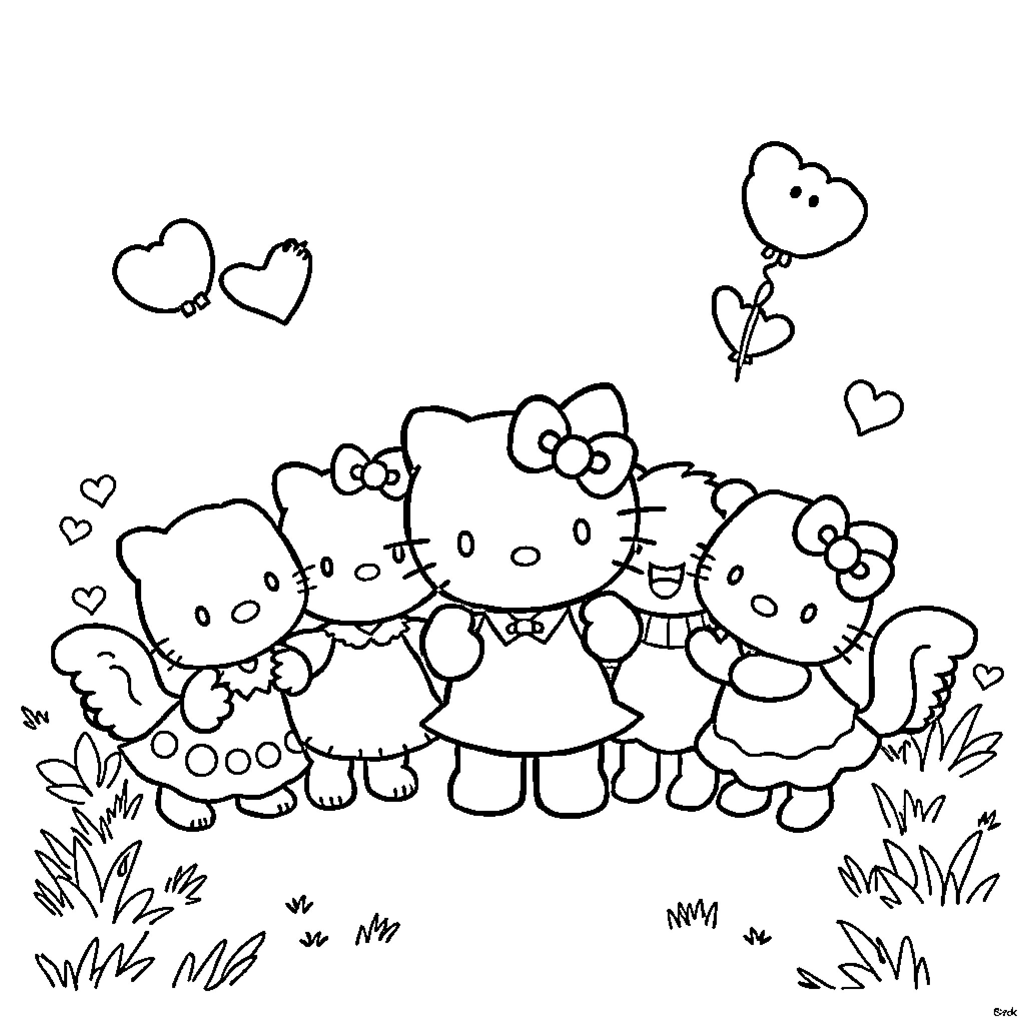 Hello Kitty and Friends Enjoying Nature Together Coloring Page (free black-and-white line drawing printable PDF for all, from beginners to advanced learners, including children, teens, adults, and seniors)